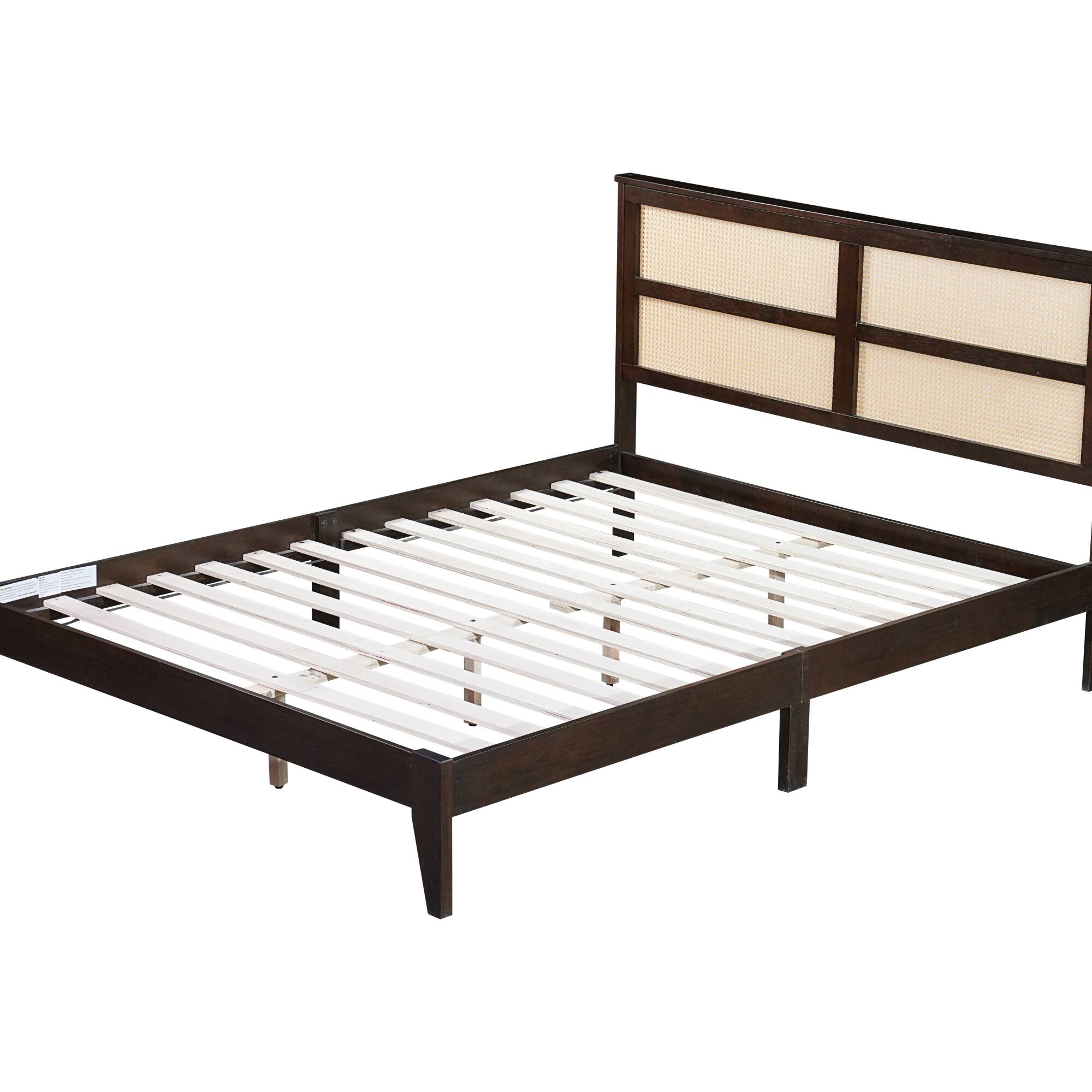 Angle. GOODSILO - Queen Size Solid Wood Bed with Rattan Headboard and Enhanced Support Feet - Espresso.