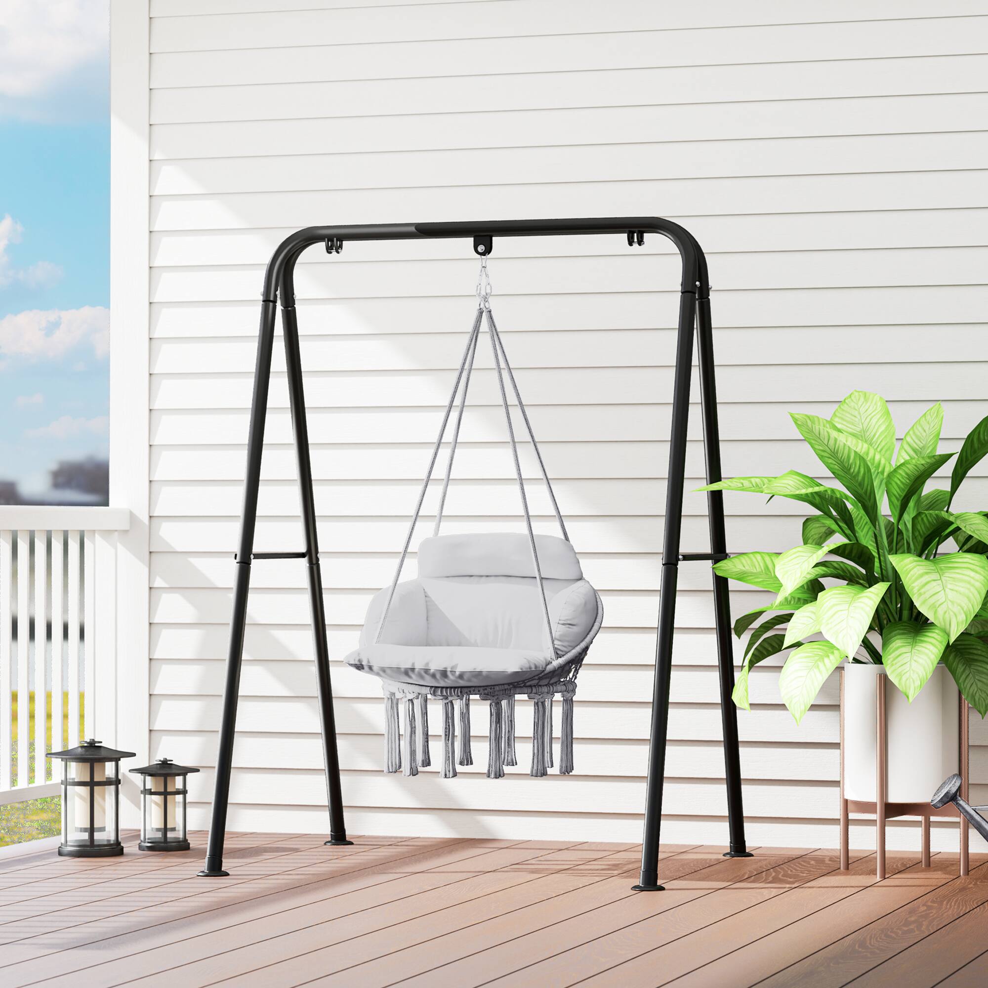 Alt View 8. Outsunny - Hammock Swing Chair, Outdoor Hanging Chair with Large Cushion, Cotton Rope Weaving Macrame Swing with Chain - Gray.