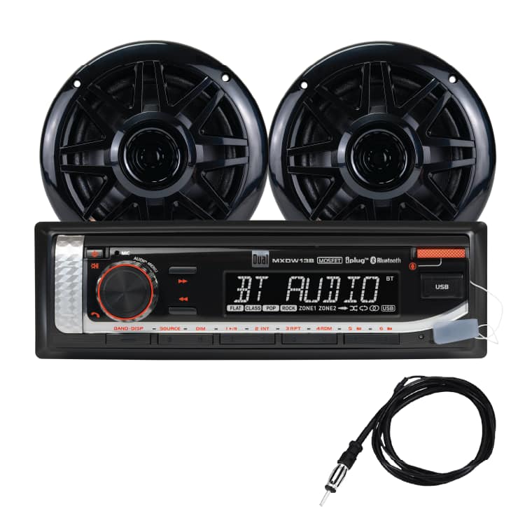 Dual - Marine Stereo with (2) 6.5" Speakers & Antenna | Single DIN Bluetooth AM/FM Boat Radio | USB 2.1A - Black