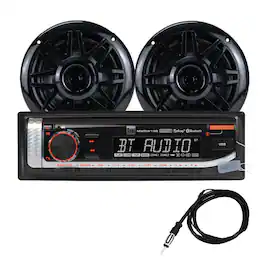 Dual - Marine Stereo with (2) 6.5" Speakers & Antenna | Single DIN Bluetooth AM/FM Boat Radio | USB 2.1A - Black
