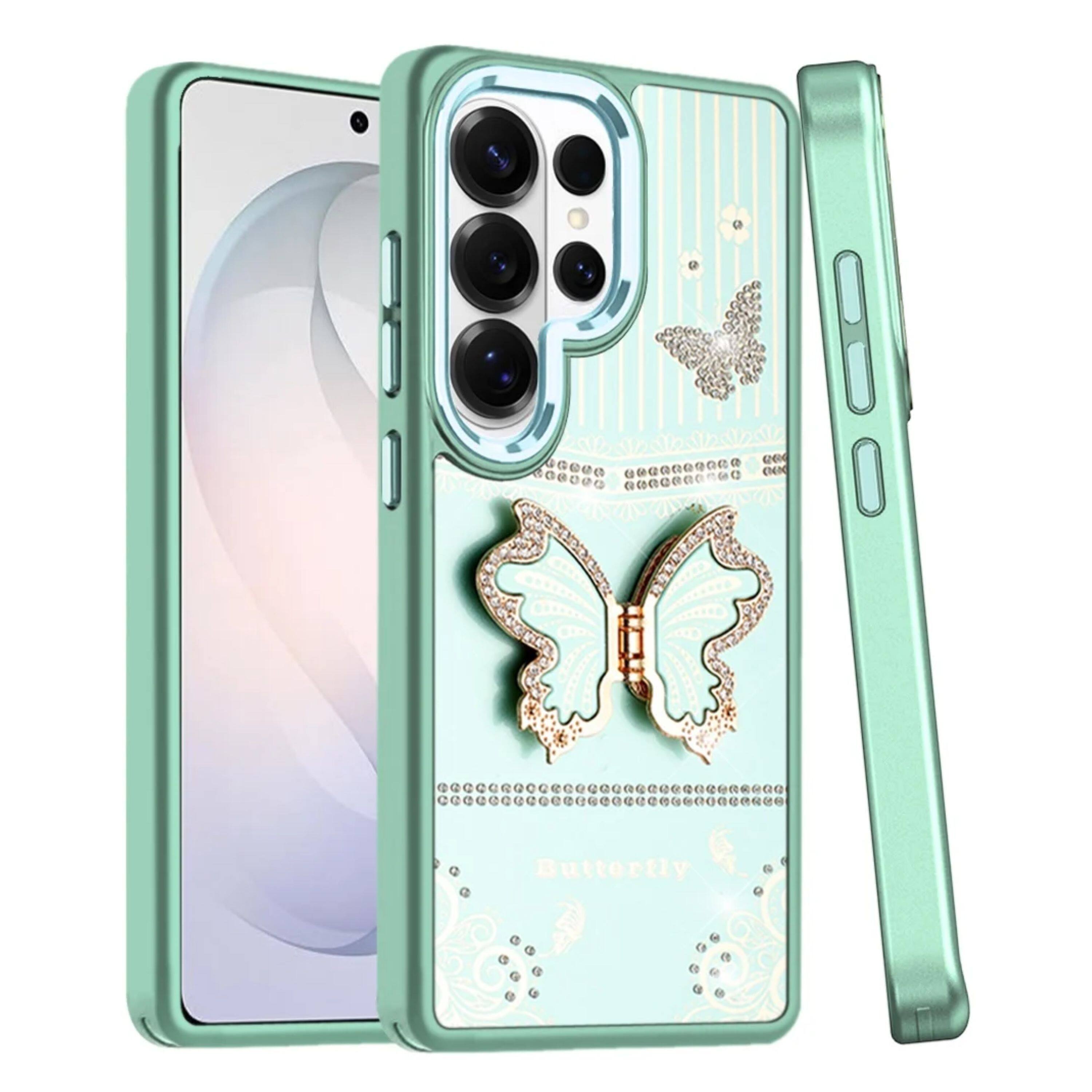 Angle. Kitcheniva - 3D Butterfly Bling Charm Stand Phone Case With Tempered Glass For Samsung Galaxy S26 Ultra Teal - Teal.