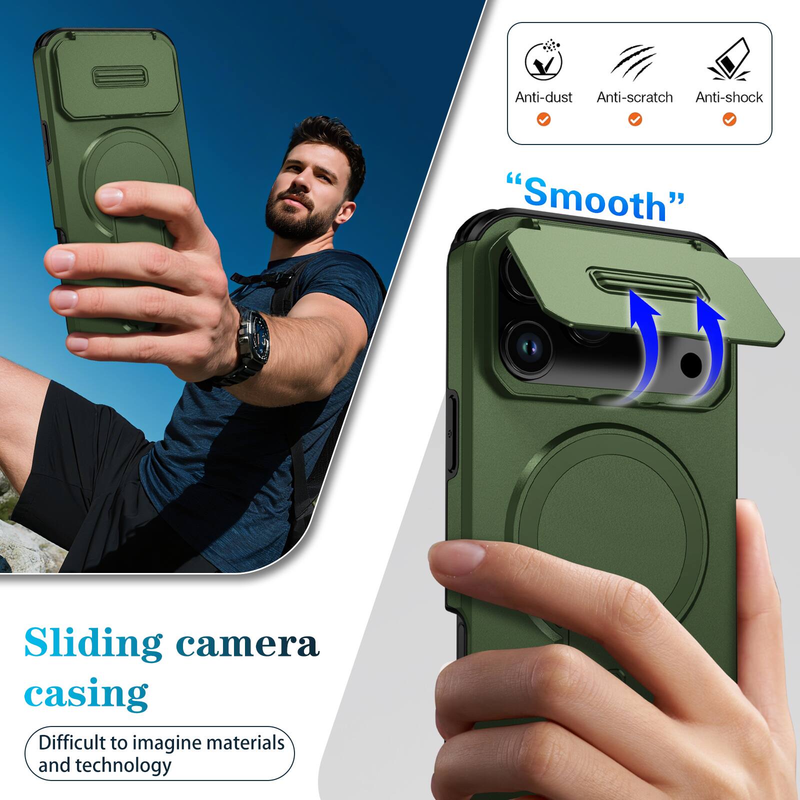 Anti-dust  
Anti-scratch  
Anti-shock  
"Smooth"  
Sliding camera casing  
Difficult to imagine materials and technology