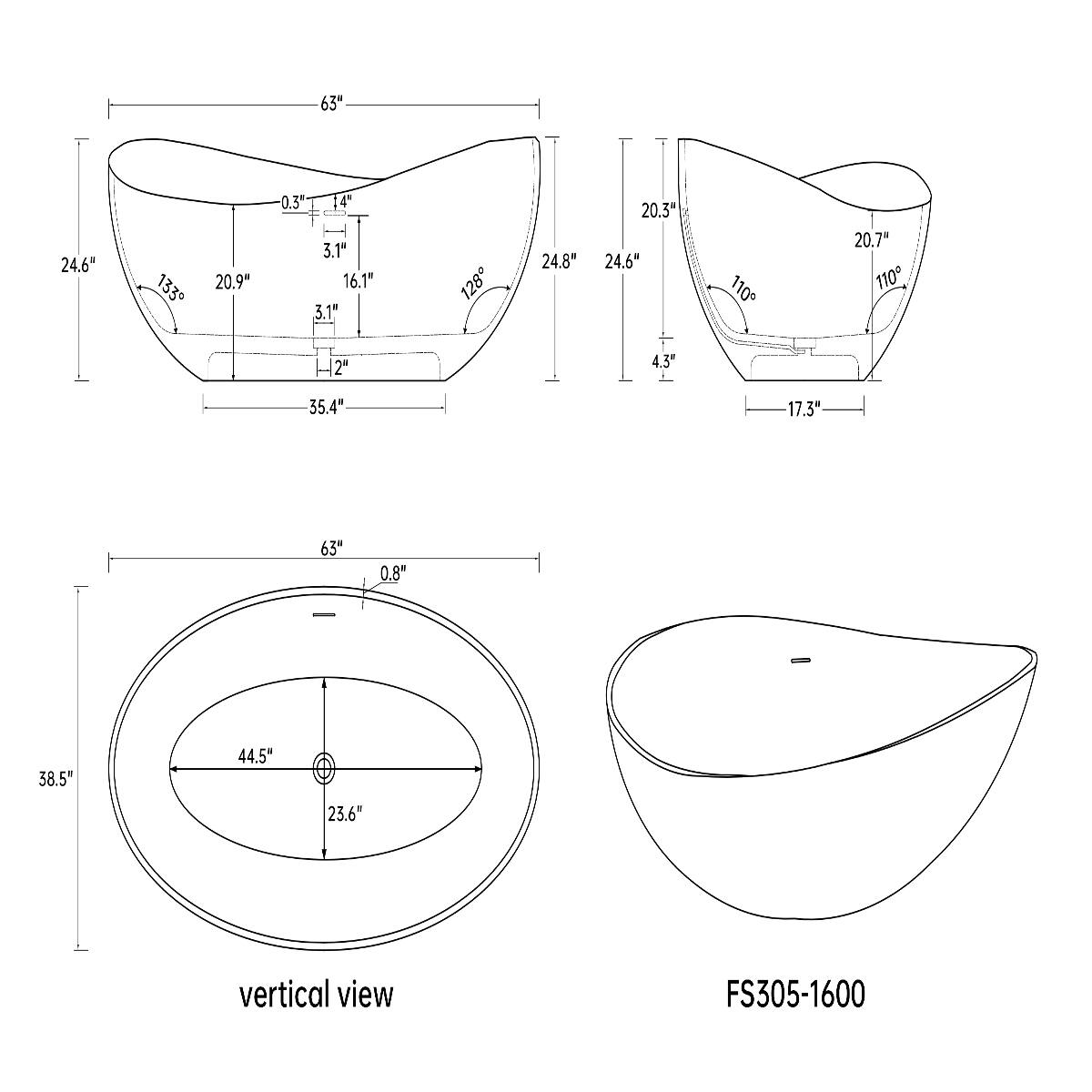 Loheer 63 inch solid surface soaking bathtub, deep soaking bathtub ...