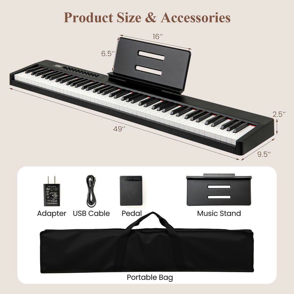 Product Size & Accessories

- 16"
- 6.5"
- 2.5"
- 49"
- 9.5"

Accessories:
- Adapter
- USB Cable
- Pedal
- Music Stand
- Portable Bag
