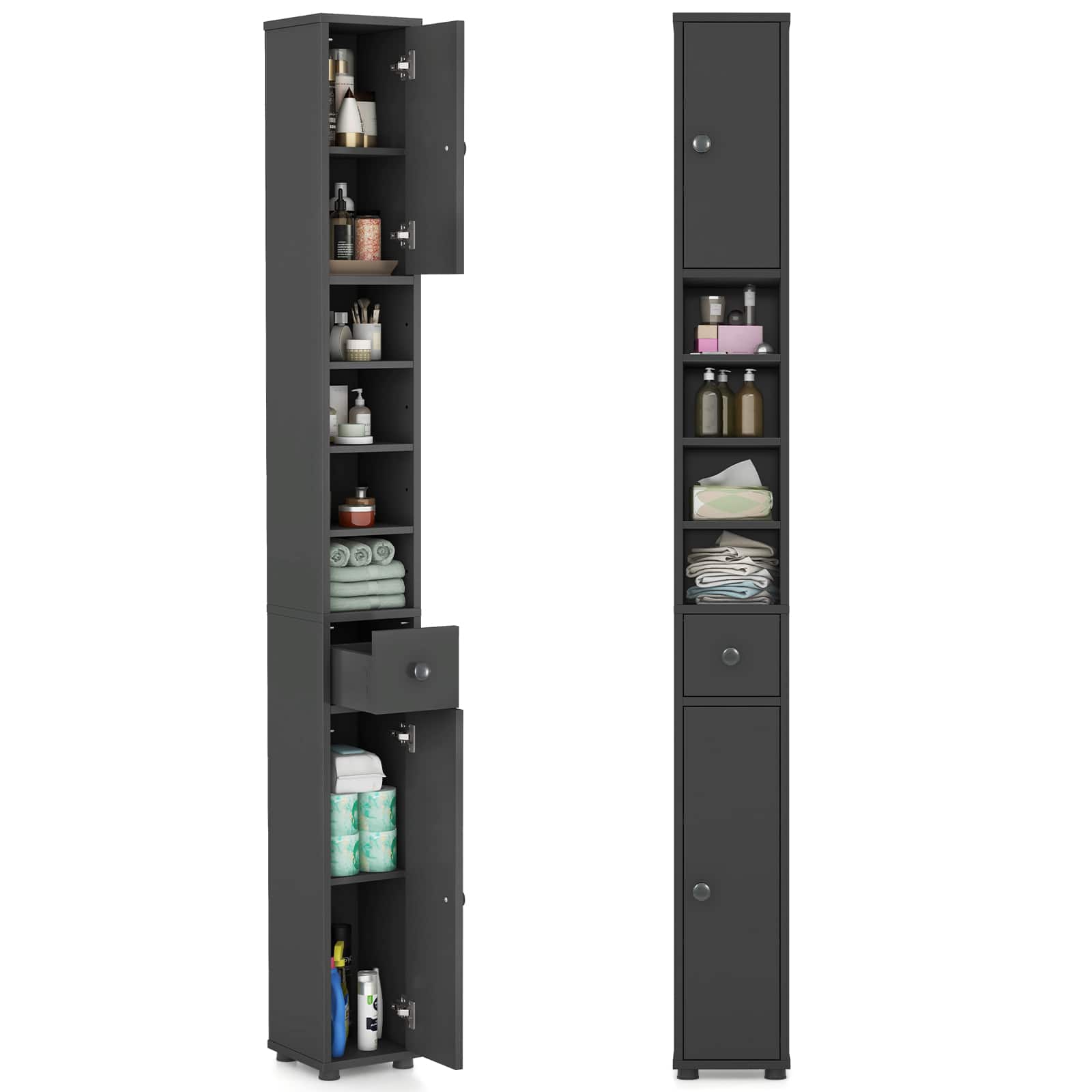 Front. Gymax - Gymax Tall Slim Bathroom Storage Cabinet Linen Tower w/Drawer Adjustable Shelves Gray - Gray.