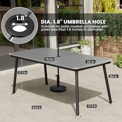1.8" DIA. 1.8" UMBRELLA HOLE Suitable for patio market umbrellas with poles less than 1.8 inches in diameter. 70.9in x 33.1in x 27.0in x 29.1in x 64.6in x 27.6in