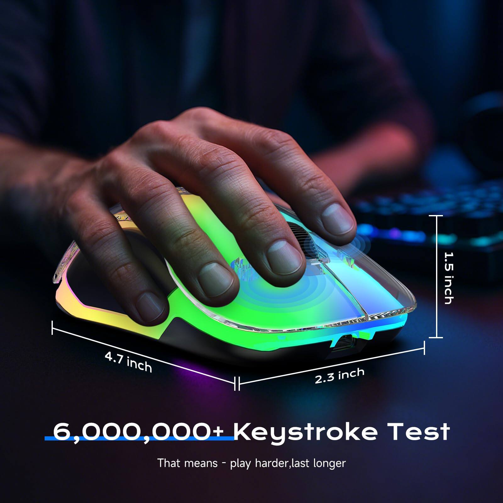 1.5 inch  
4.7 inch  
2.3 inch  

6,000,000+ Keystroke Test  
That means - play harder, last longer