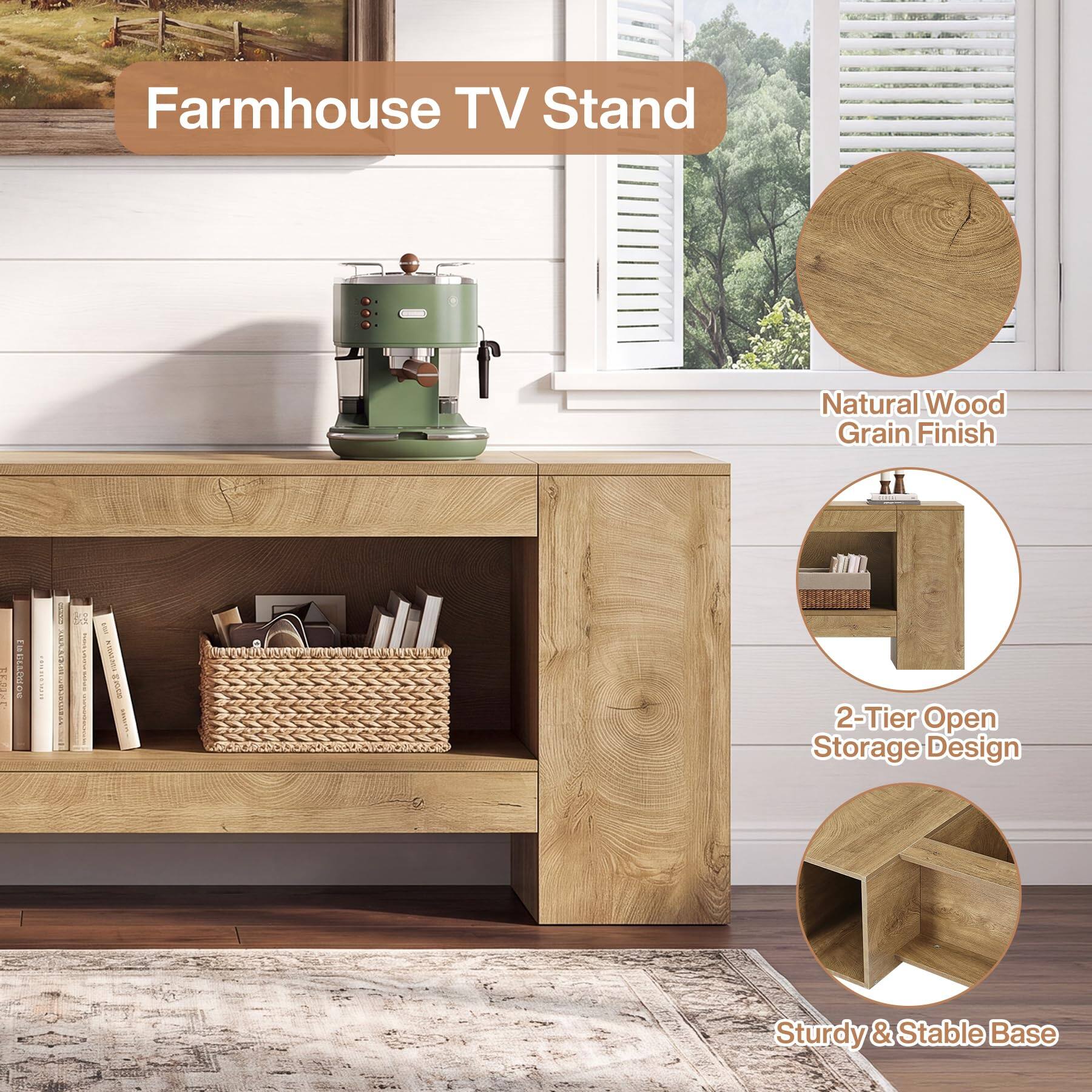 Farmhouse TV Stand  
Natural Wood Grain Finish  
2-Tier Open Storage Design  
Sturdy & Stable Base