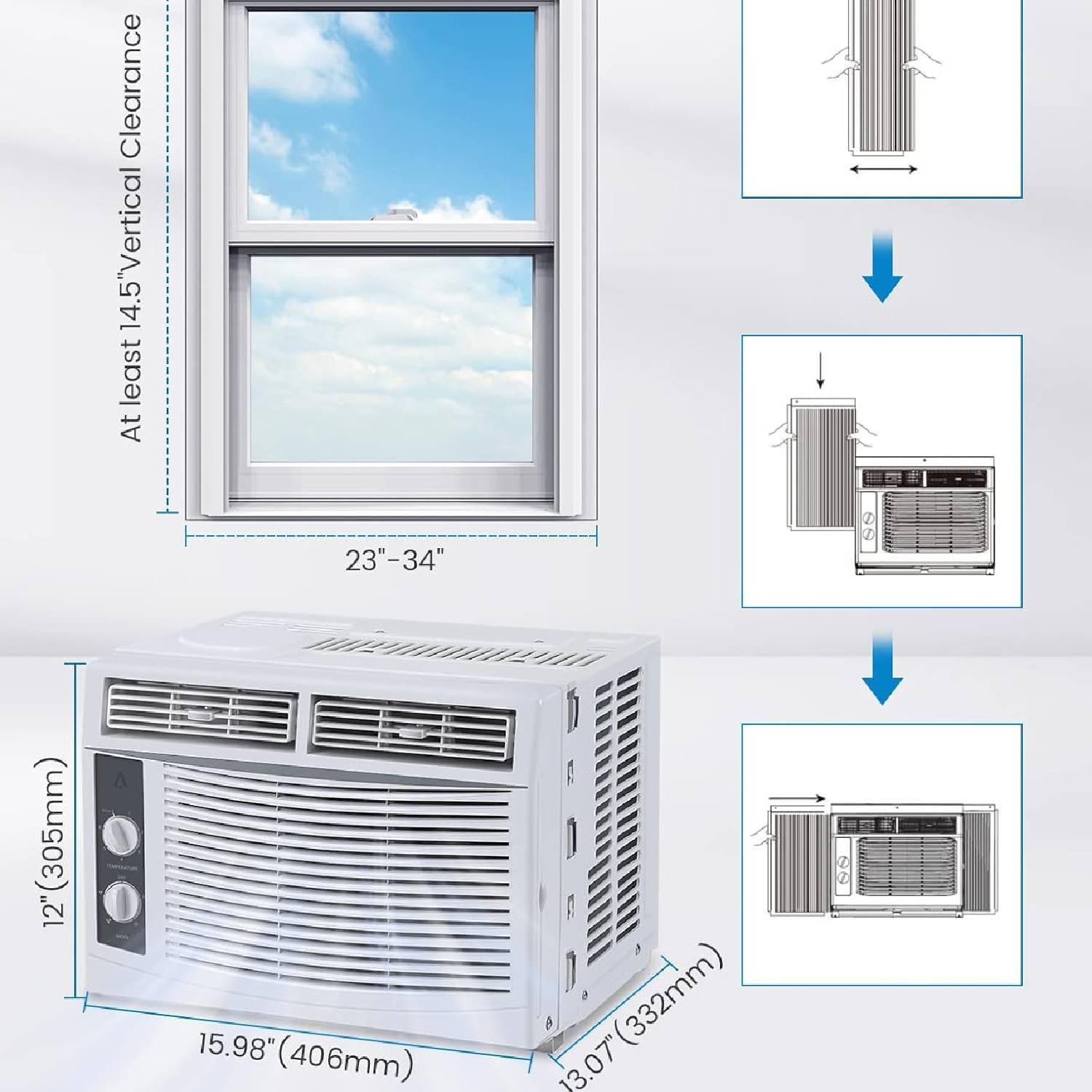 Clearance: 14.5" Vertical Clearance  
At least 14.5"  
23"-34"  
12" (305mm)  
15.98" (406mm)  
13.07" (332mm)