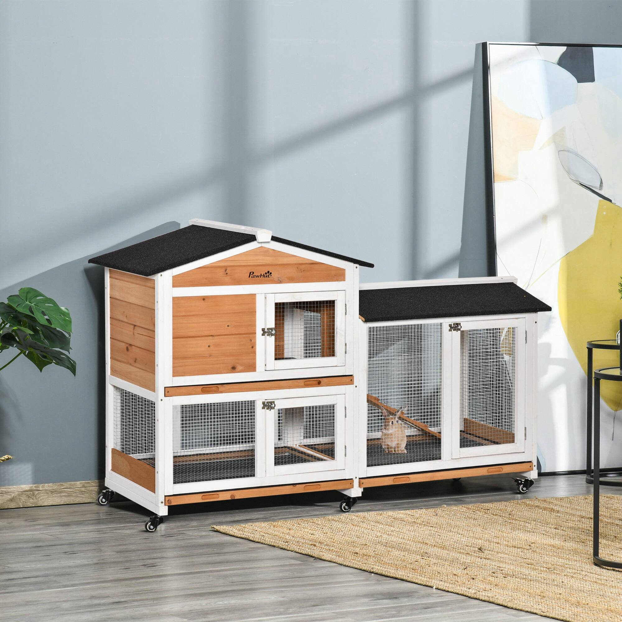 Pawhut Wooden Mobile Rabbit Hutch with Wheels, Run Box, Slide out Tray ...