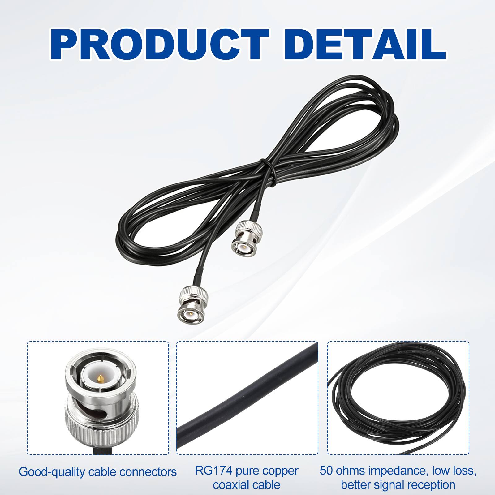 PRODUCT DETAIL

- Good-quality cable connectors
- RG174 pure copper coaxial cable
- 50 ohms impedance, low loss, better signal reception
