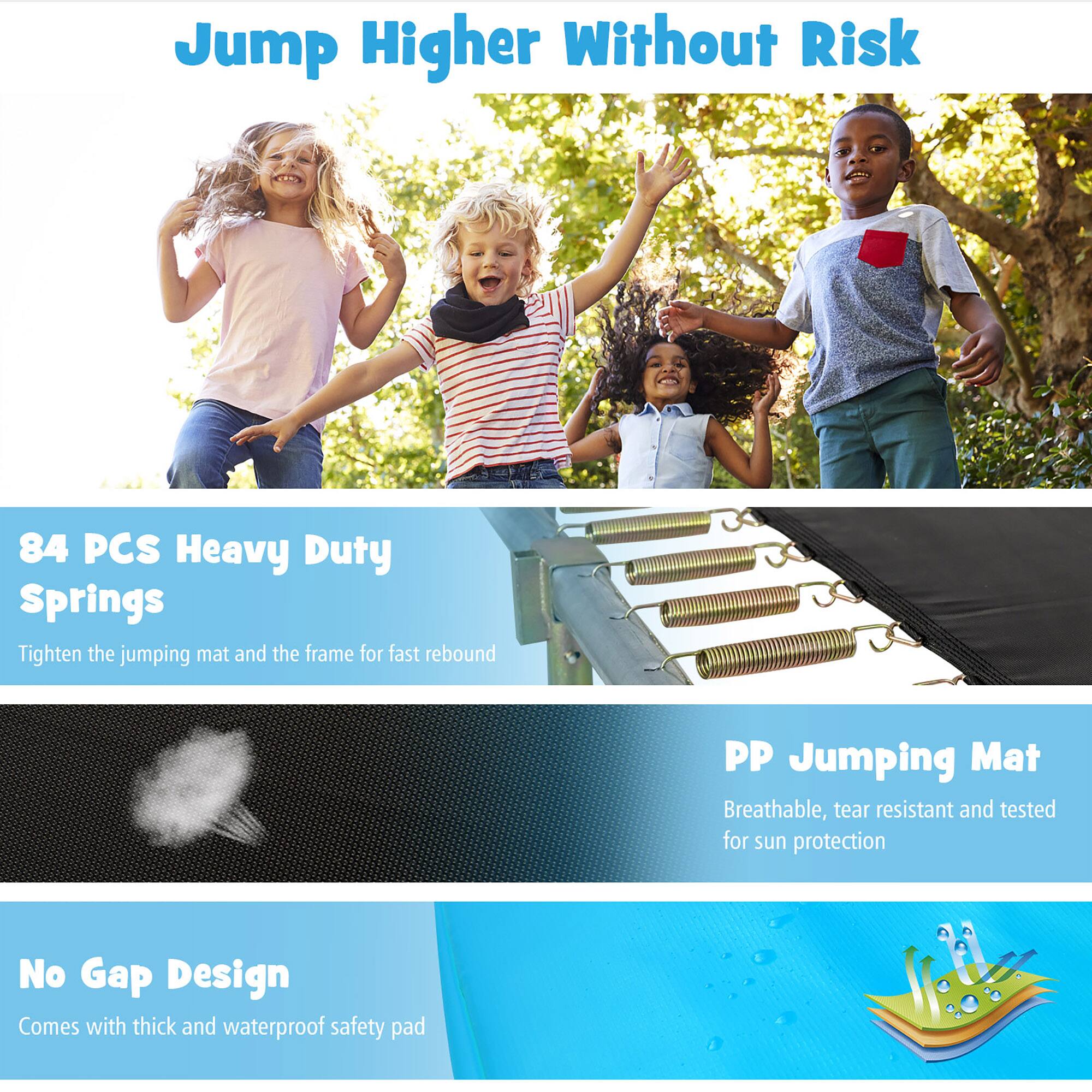 Jump Higher Without Risk

84 PCS Heavy Duty Springs  
Tighten the jumping mat and the frame for fast rebound

PP Jumping Mat  
Breathable, tear resistant and tested for sun protection

No Gap Design  
Comes with thick and waterproof safety pad