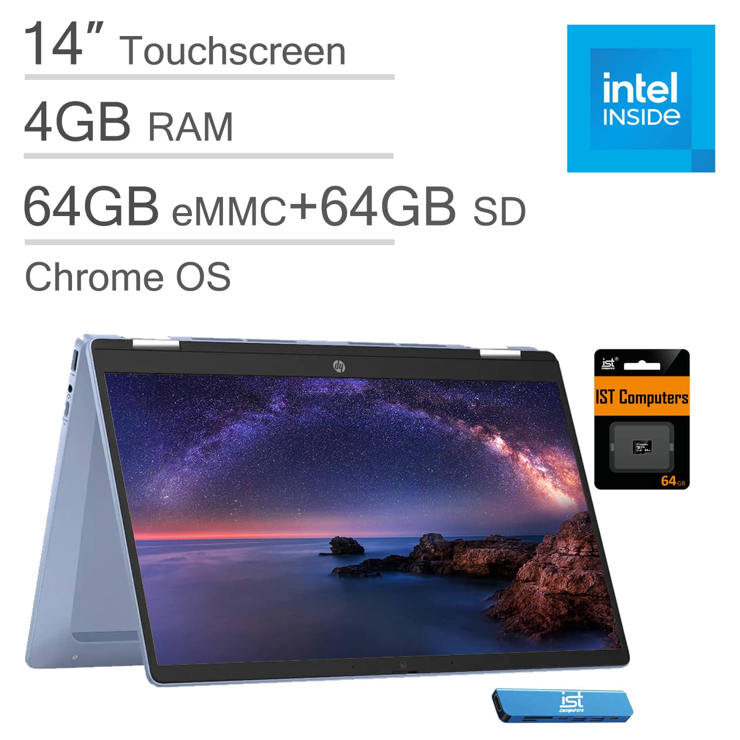 HP - Chromebook X360 14b 14" FHD Touchscreen 2-in-1 Laptop - Intel N100 - 4GB Memory - 64GB+64GB SD Card - Sky Blue