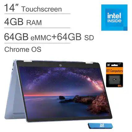 14" Touchscreen
4GB RAM
64GB eMMC + 64GB SD
Chrome OS
Intel Inside
IST Computers