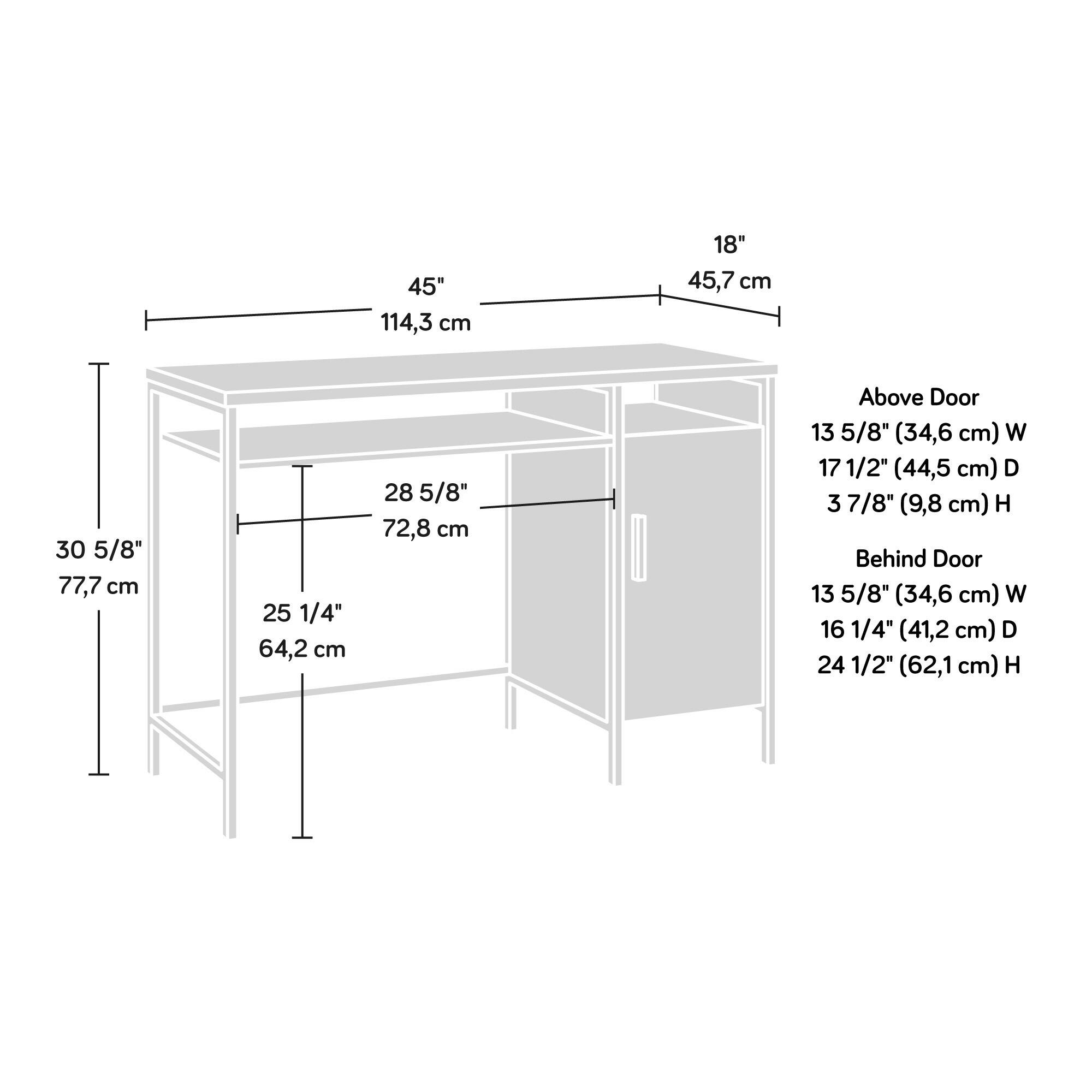 45" (114,3 cm)  
18" (45,7 cm)  
30 5/8" (77,7 cm)  
25 1/4" (64,2 cm)  
28 5/8" (72,8 cm)  

Above Door  
13 5/8" (34,6 cm) W  
17 1/2" (44,5 cm) D  
3 7/8" (9,8 cm) H  

Behind Door  
13 5/8" (34,6 cm) W  
16 1/4" (41,2 cm) D  
24 1/2" (62,1 cm) H