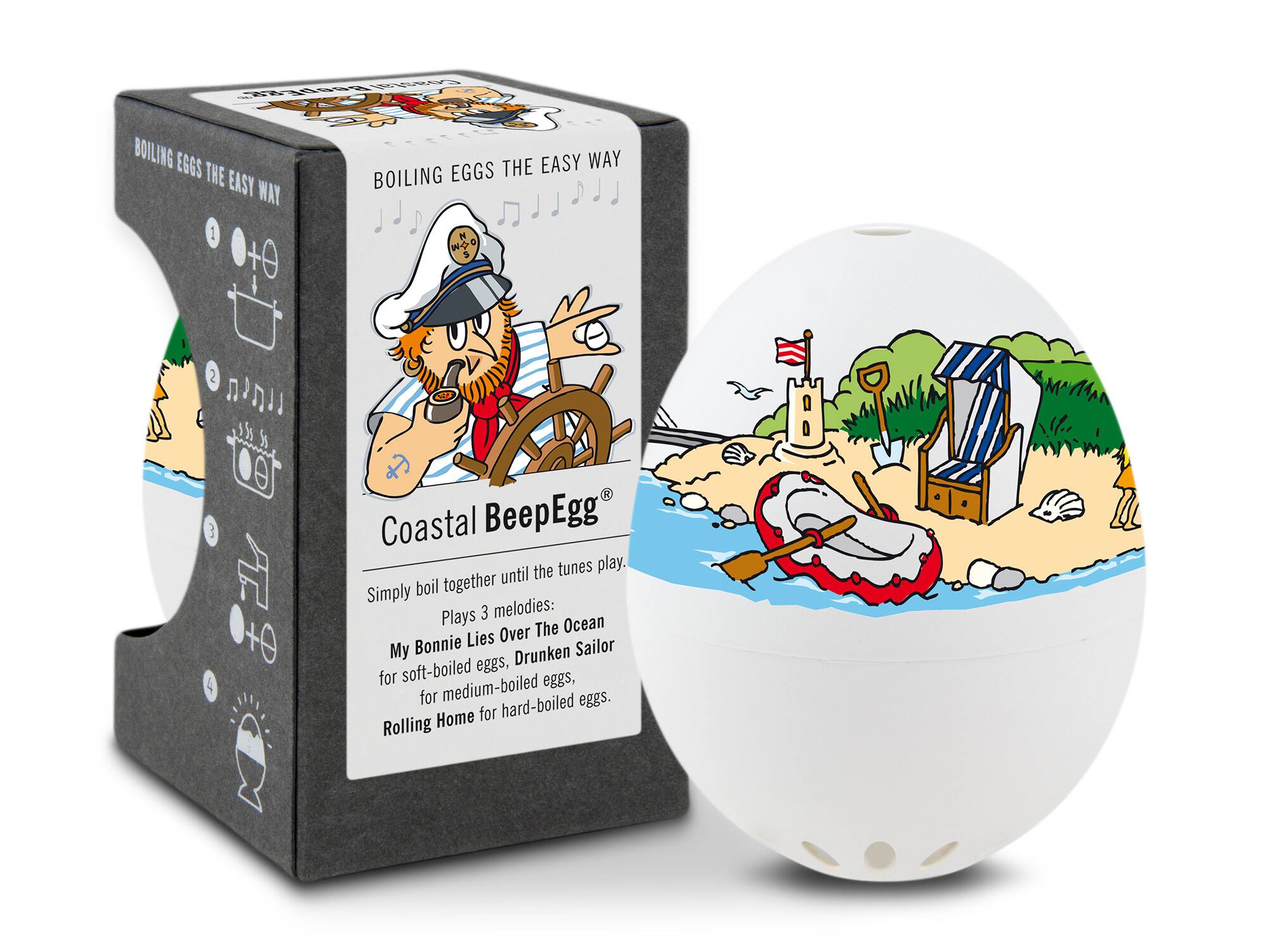 BOILING EGGS THE EASY WAY

Coastal BeepEgg

Simply boil together until the tunes play. Plays 3 melodies:
Over The Ocean
Bonnie Lies
Drunken Sailor
My Big Home

for soft-boiled eggs, for medium-boiled eggs, for hard-boiled eggs.