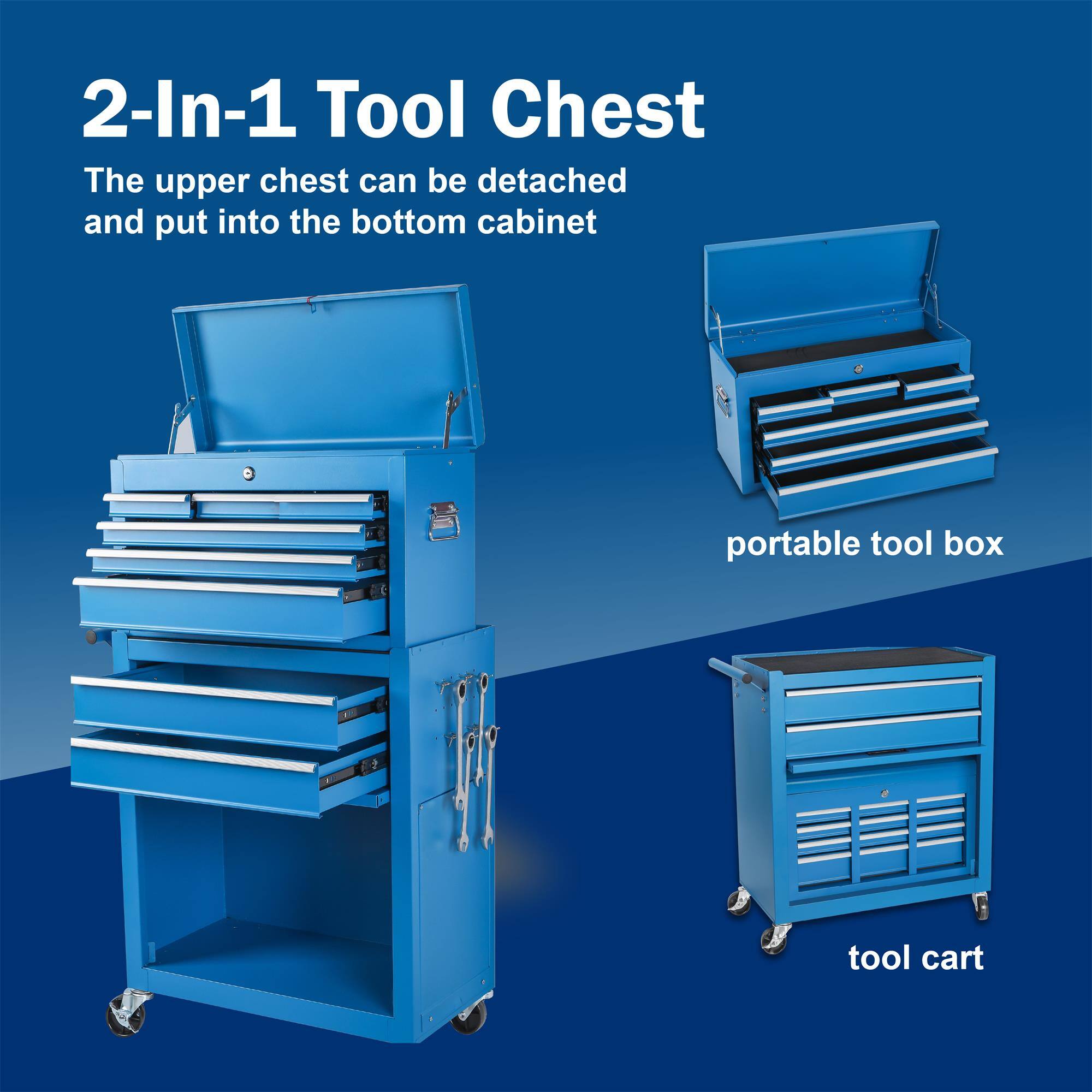 2-In-1 Tool Chest

The upper chest can be detached and put into the bottom cabinet

portable tool box

tool cart