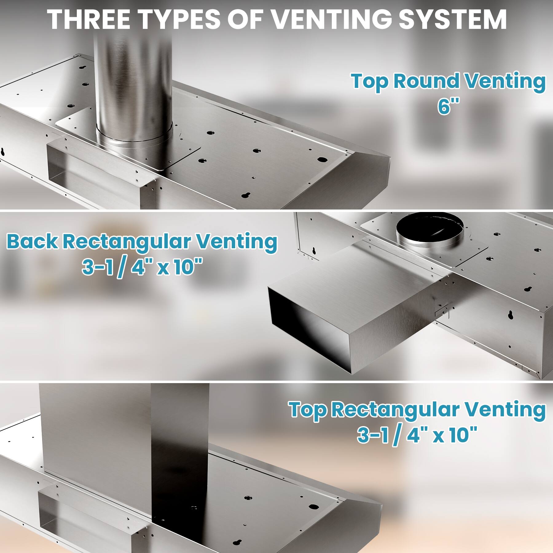 THREE TYPES OF VENTING SYSTEM

Top Round Venting 6"

Back Rectangular Venting 3-1/4" x 10"

Top Rectangular Venting 3-1/4" x 10"