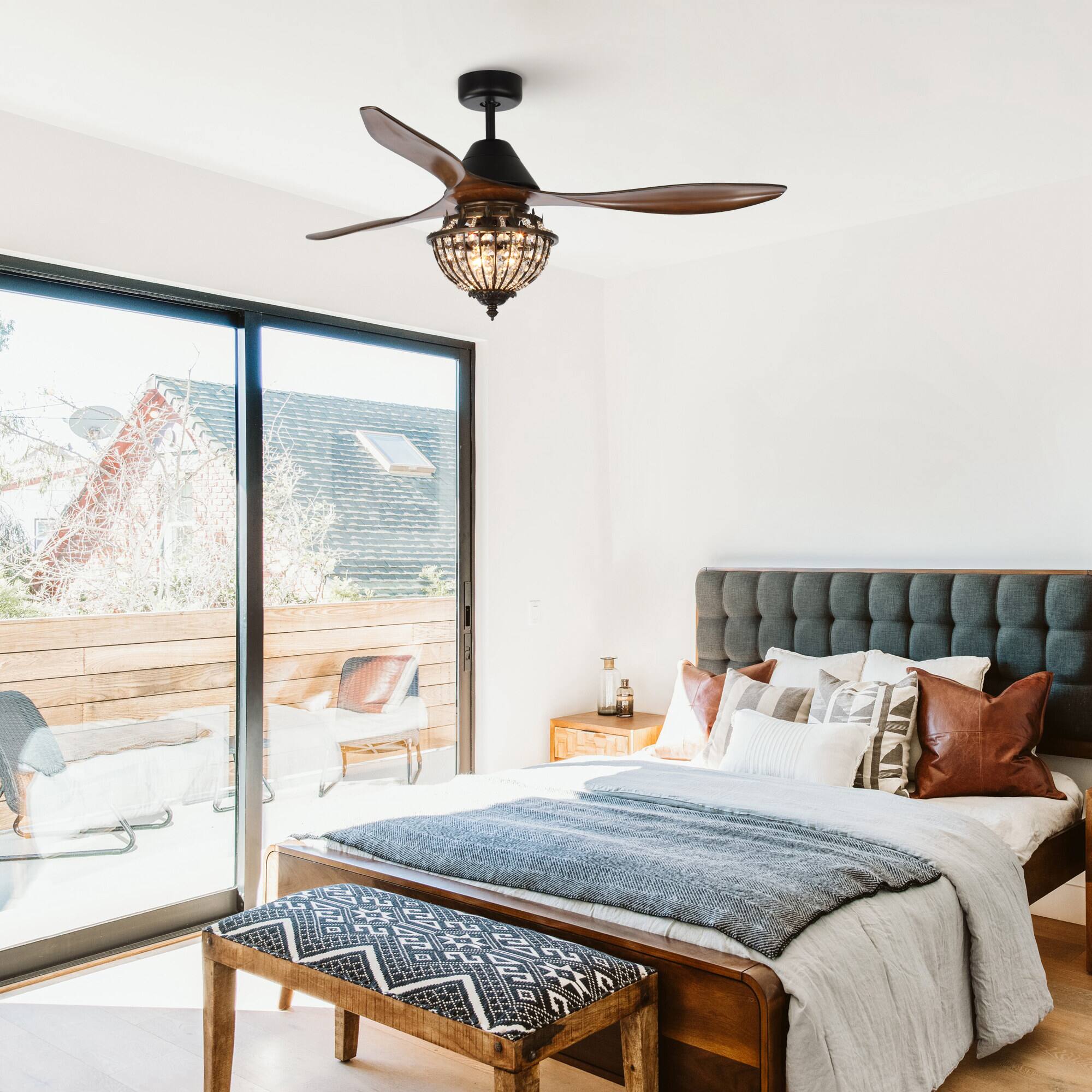 Left. Parrot Uncle - 52" Farmhouse Brown Crystal Chandelier Ceiling Fan with Remote Control - Black.
