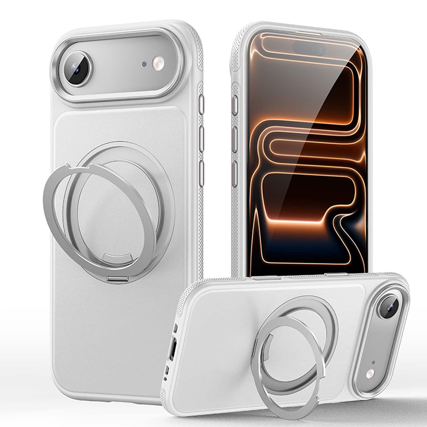 Dteck - for Apple iPhone Air Shockproof Case,Vegan Leather Back with Magnetic Ring Stand,Slim PC TPU Hard Shell Cover - White