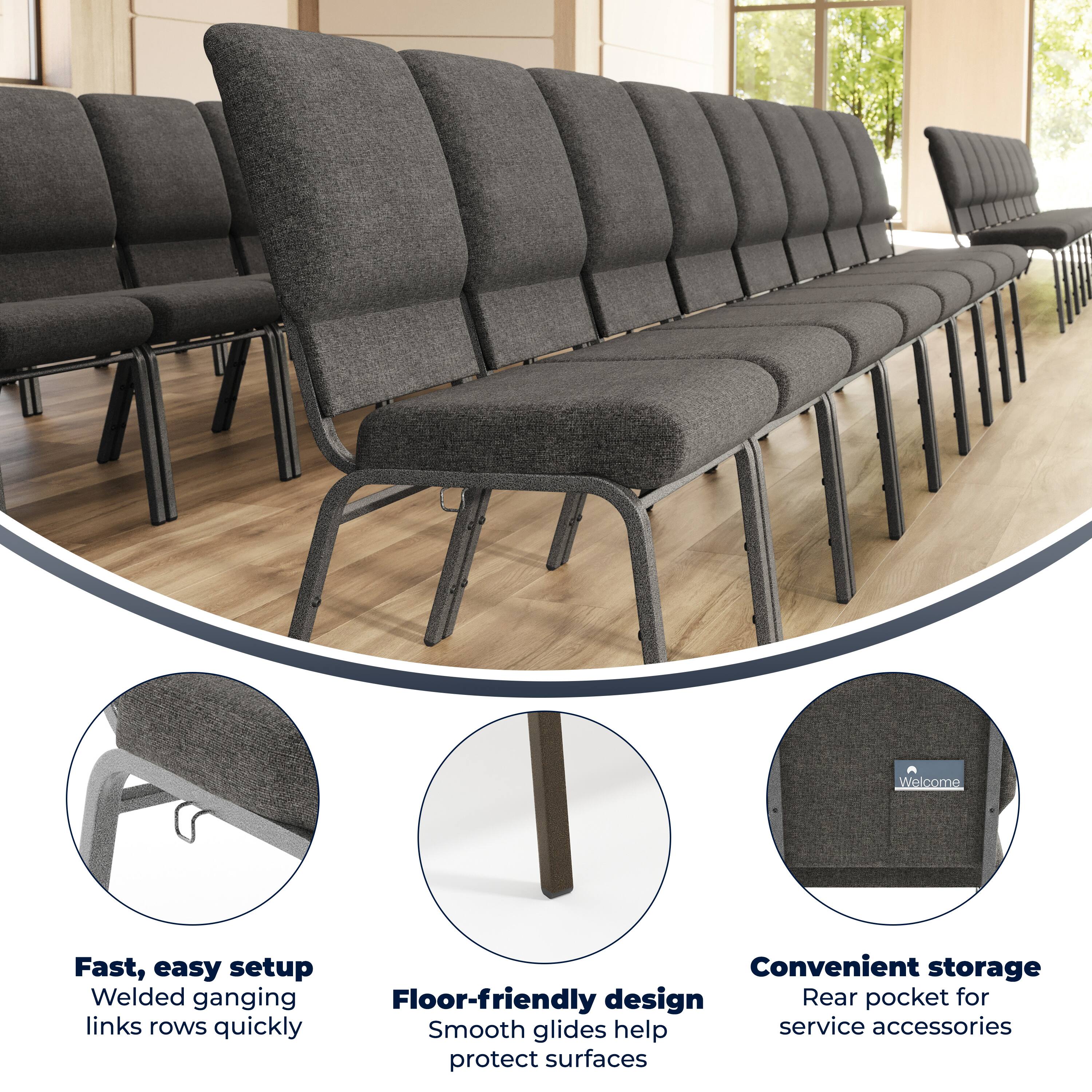 Welcome

Fast, easy setup  
Welded ganging links rows quickly

Floor-friendly design  
Smooth glides help protect surfaces

Convenient storage  
Rear pocket for service accessories
