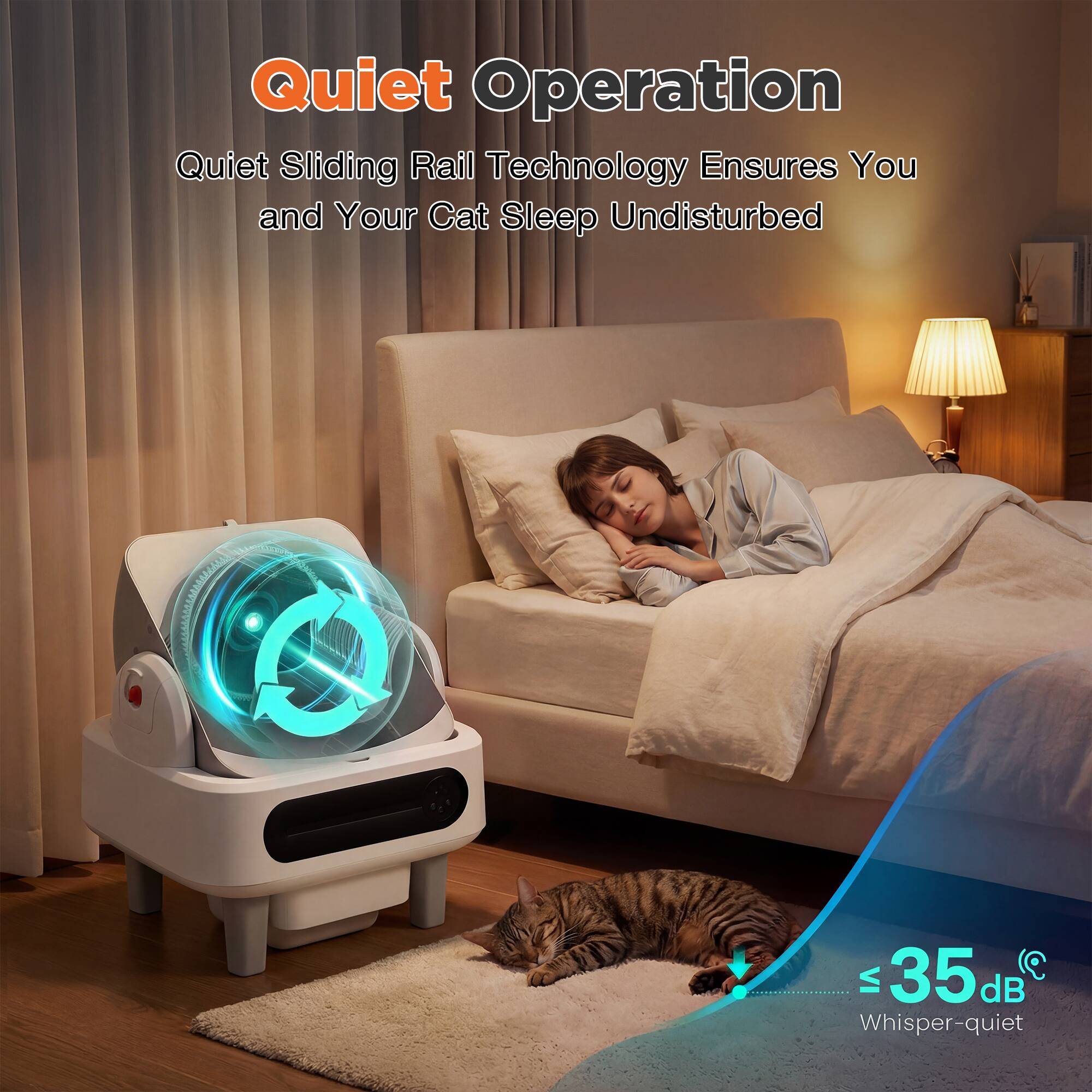 Quiet Operation  
Quiet Sliding Rail Technology Ensures You and Your Cat Sleep Undisturbed  
≤ 35 dB Whisper-quiet