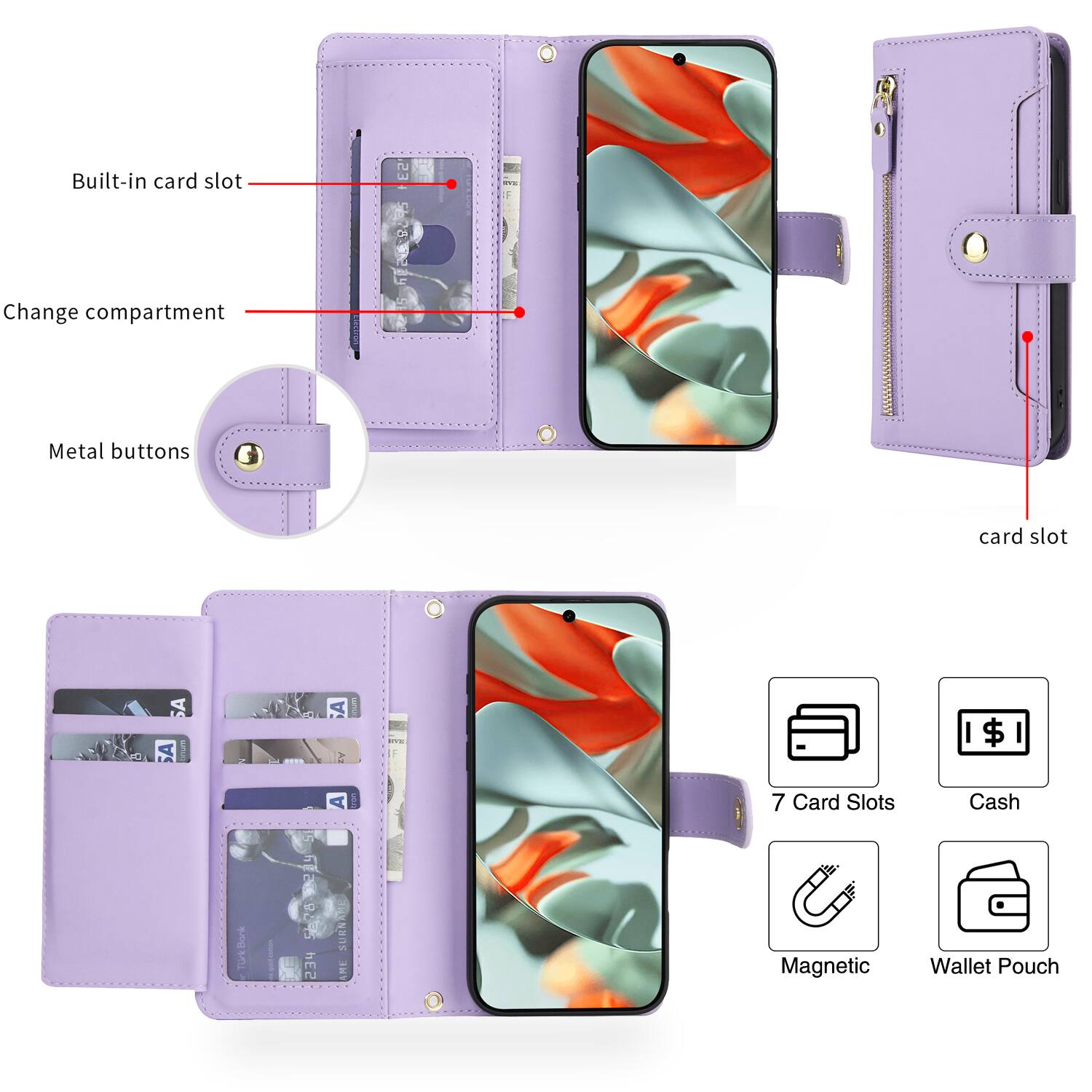 Built-in card slot  
Change compartment  
Metal buttons  
Card slot  

7 Card Slots  
Cash  
Magnetic  
Wallet Pouch