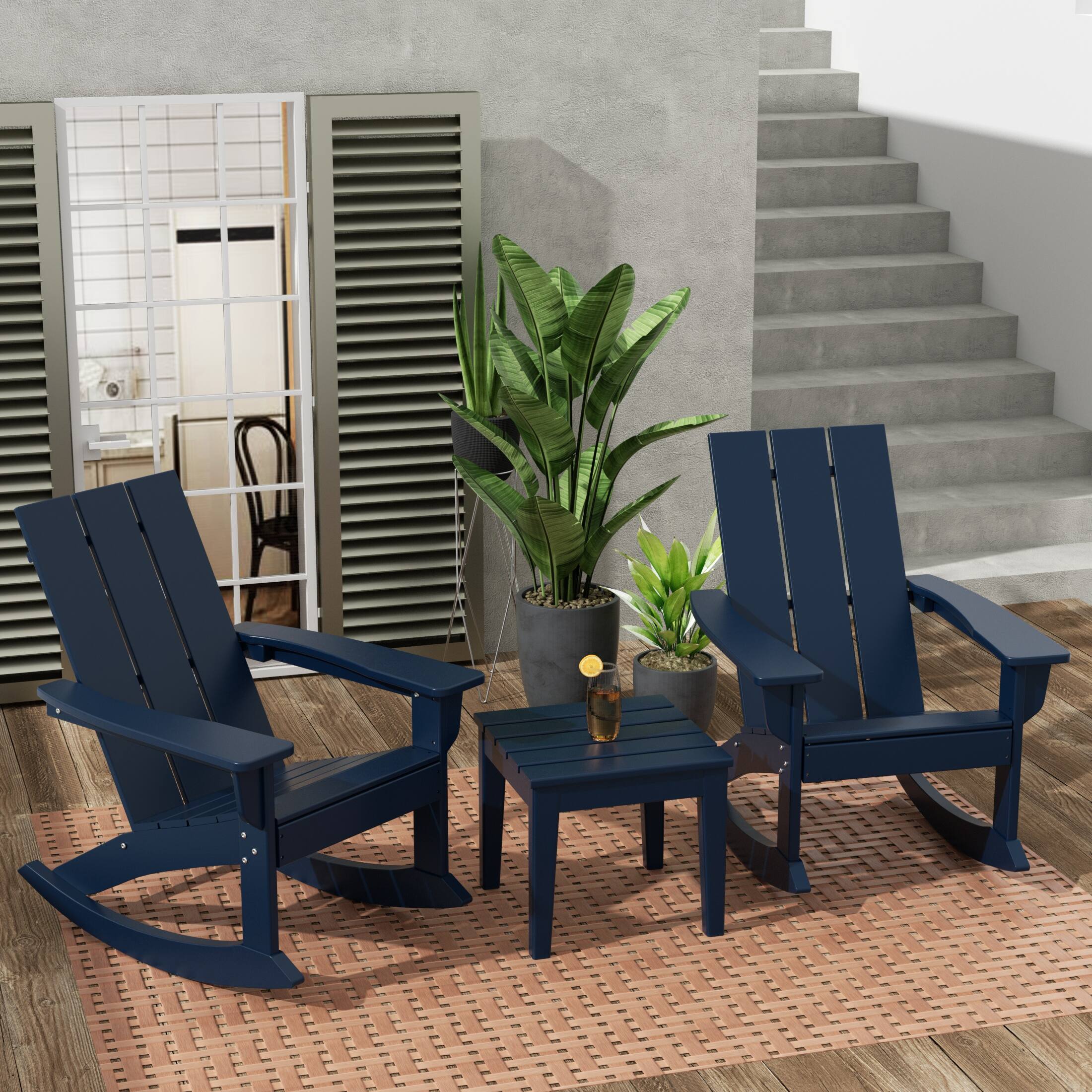 Angle. WestinTrends - WestinTrends Ashore Modern Rocking Poly Adirondack Chair With Side Table 3-Piece Set - Navy Blue.