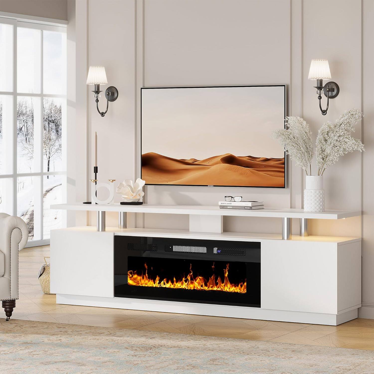 Qeetex - Fireplace TV Stand for 80 Inch TV, 70” Entertainment Center with 36” Electric Fireplace, 12 Flame Colors - White