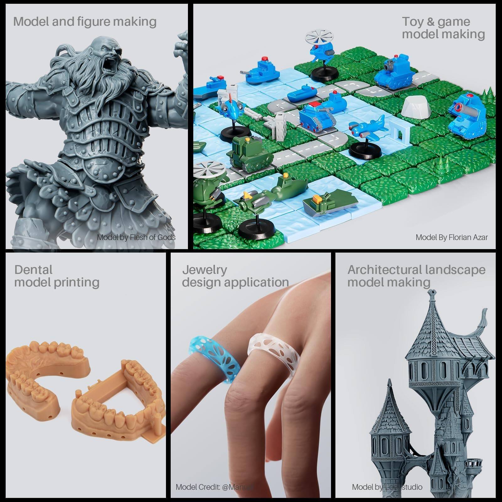 Model and figure making  
Toy & game model making  
Dental model printing  
Jewelry design application  
Architectural landscape model making  

Model by Flesh of Gods  
Model By Florian Azar  
Model Credit @Manue  
Model by studio