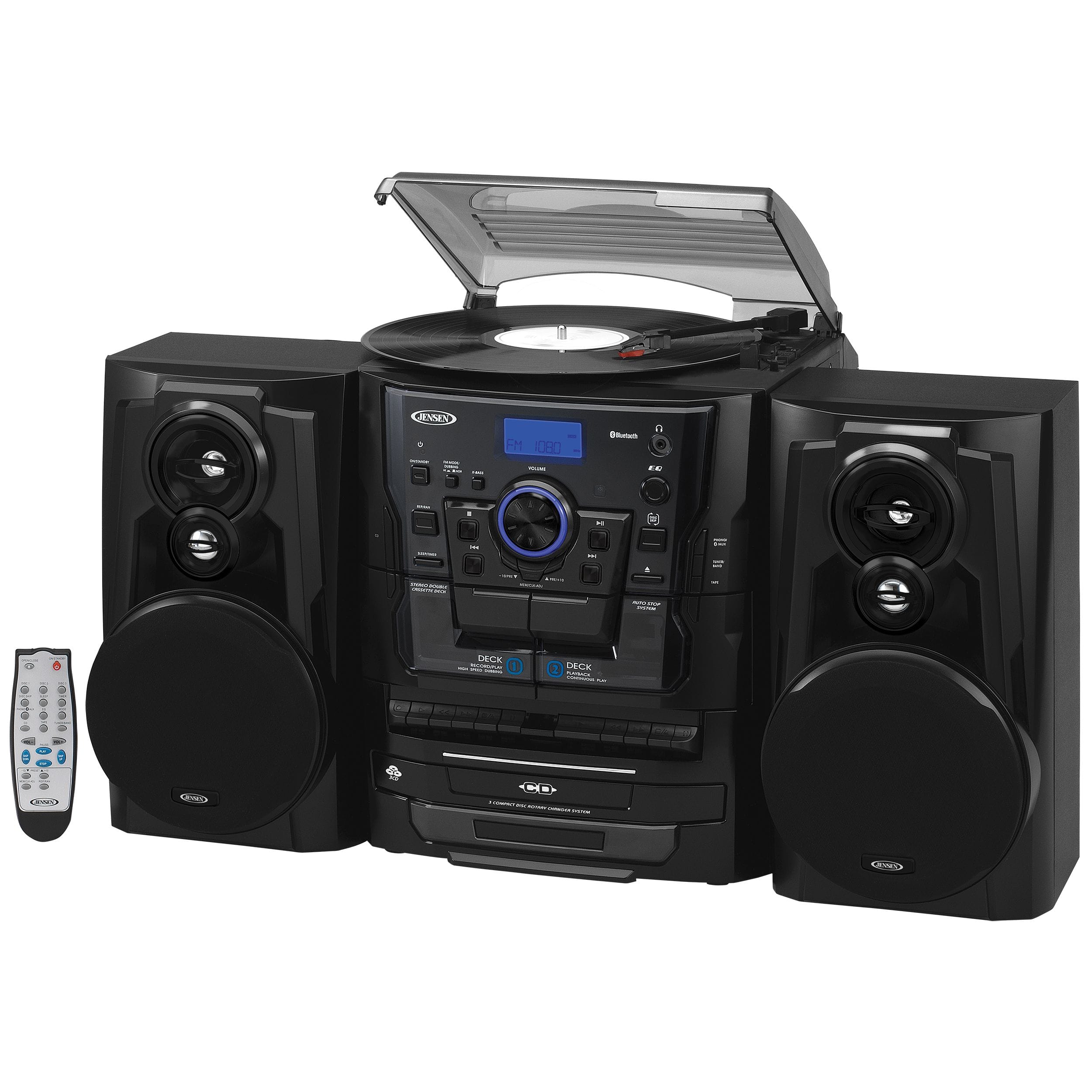 Jensen - JMC-1250PA Bluetooth 3 Speed Stereo Turntable 3 CD Changer Music System, Dual Cassette Deck, Pitch Control & Remote - Black