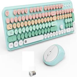 MOSZAR LLC - Wireless Keyboard and Mouse Set, 105 Round Keys Full-Size Cute Colorful - Light Blue