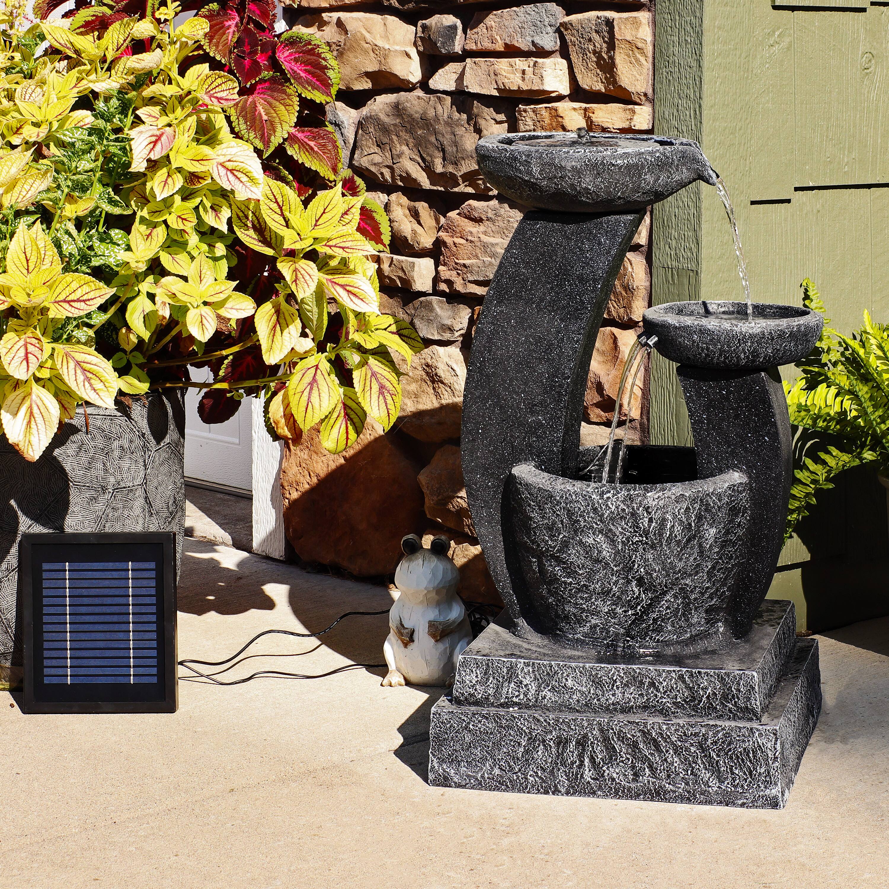 Alt View 5. Sunnydaze - Modern Cascading Bowls Solar Water Fountain with Battery - 28 in - Black.