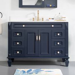WELLFOR - ARTWOOD 48 in. Solid Wood Bath Vanity with Quartz Top, Single Sink, Soft Close, Assembled - Navy Blue