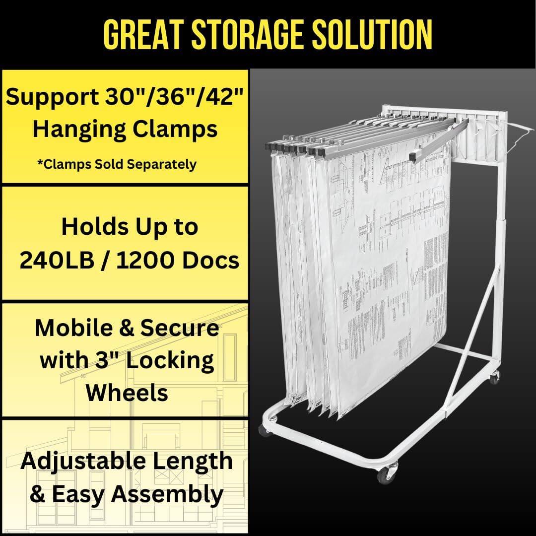 GREAT STORAGE SOLUTION
Support 30"/36"/42" Hanging Clamps *Clamps Sold Separately
Holds Up to 240LB / 1200 Docs
Mobile & Secure with 3" Locking Wheels
Adjustable Length & Easy Assembly
