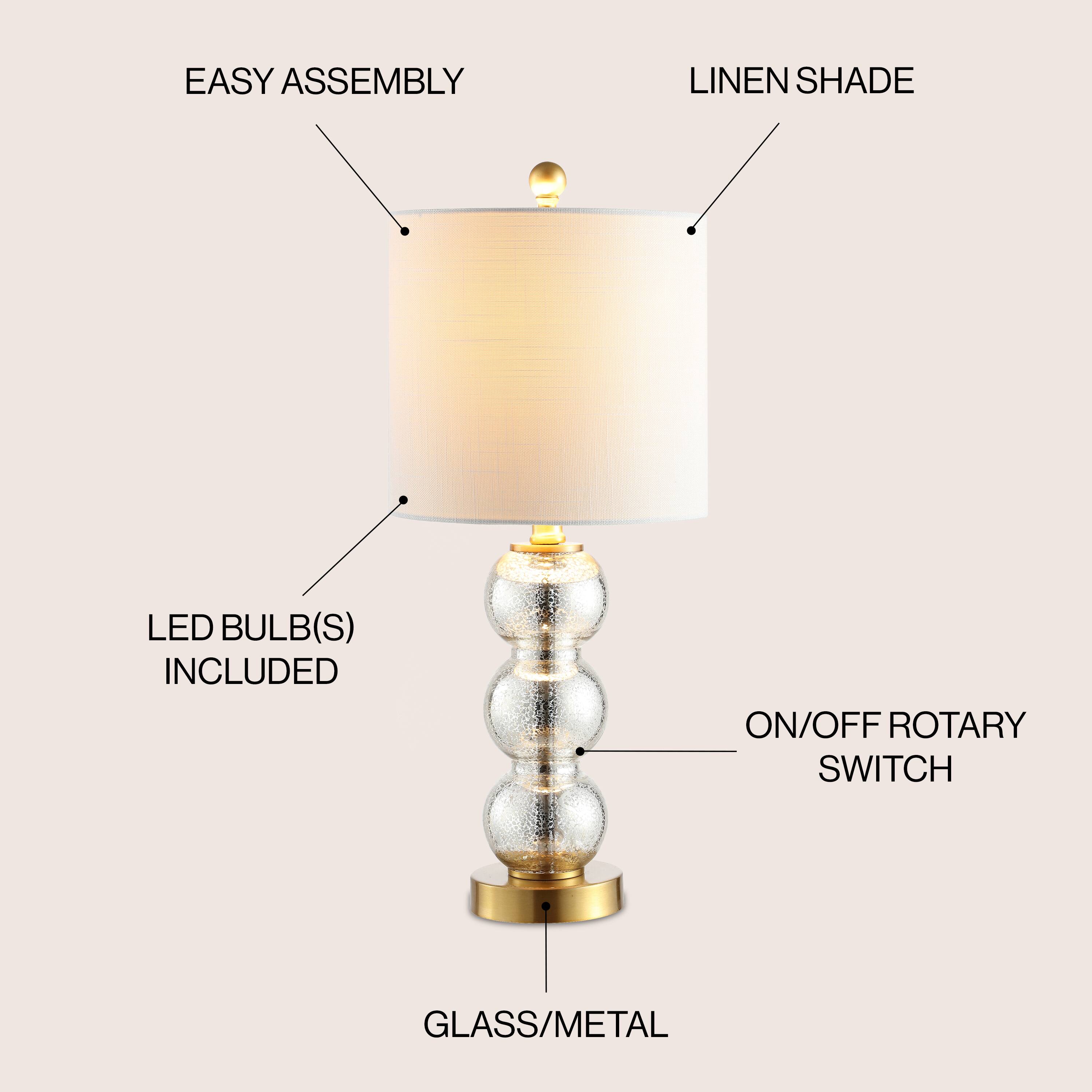 EASY ASSEMBLY  
LINEN SHADE  
LED BULB(S) INCLUDED  
ON/OFF ROTARY SWITCH  
GLASS/METAL