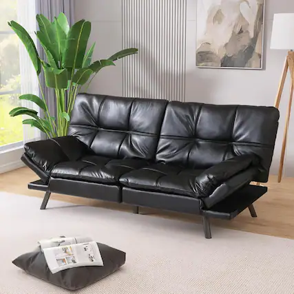 Front. Dyonery - Dyonery Black Faux Leather Sofa Bed, Adjustable Backrest & Armrests, Multifunctional Small Loveseat Sleeper Sofa - Black.