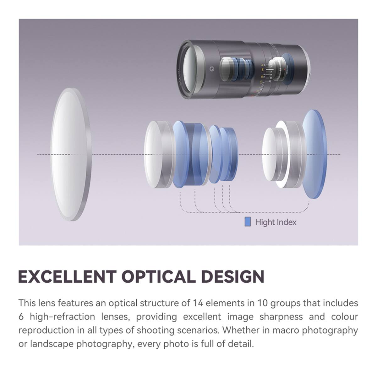 &

High Index

EXCELLENT OPTICAL DESIGN

This lens features an optical structure of 14 elements in 10 groups that includes 6 high-refraction lenses, providing excellent image sharpness and colour reproduction in all types of shooting scenarios. Whether in macro photography or landscape photography, every photo is full of detail.