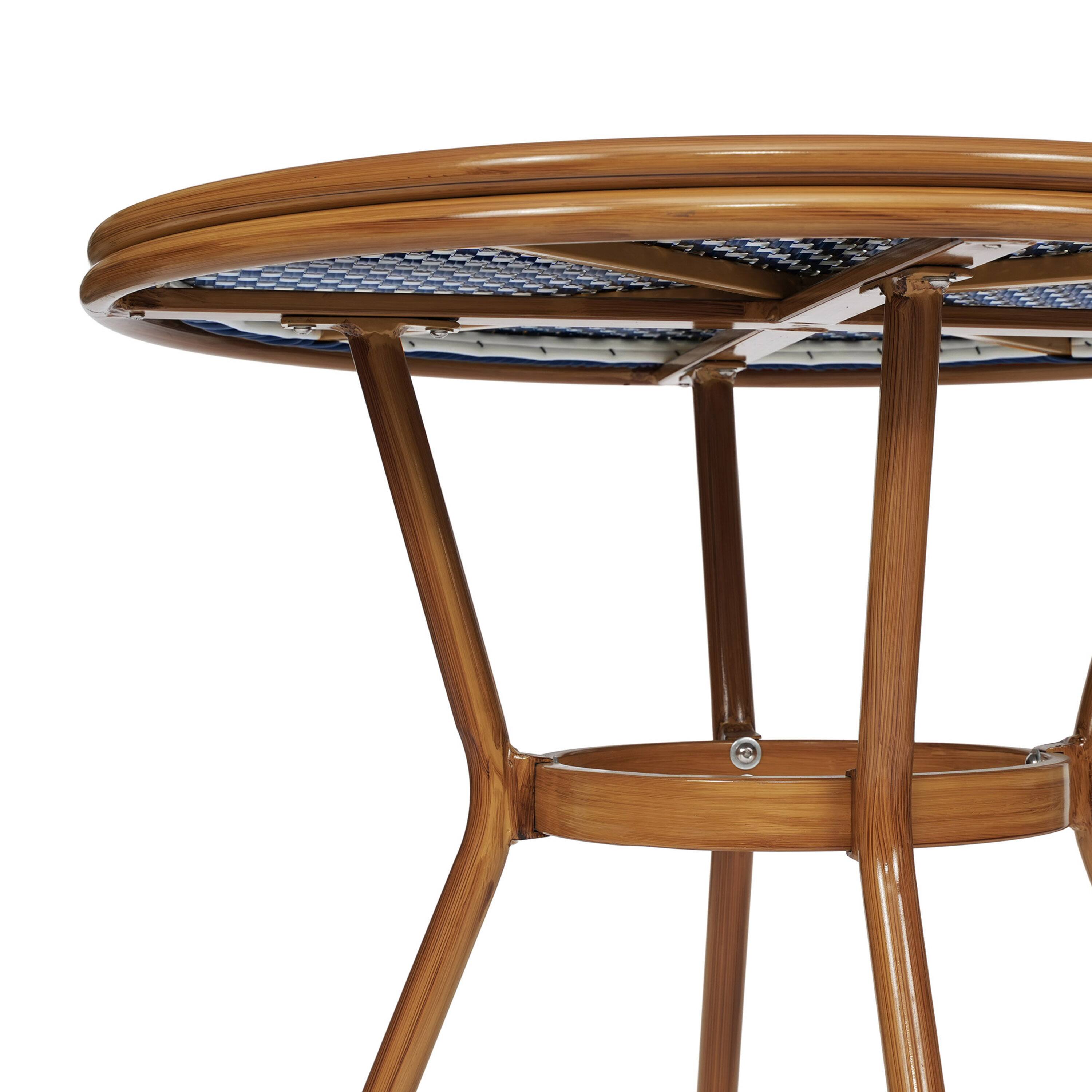 Alt View 10. Emma + Oliver - Colmar Indoor/Outdoor Bistro Style 31.5 in. Table with PE Rattan, Glass Top, and Bamboo Finished Metal Frame - Navy & White Rattan/Natural Frame.