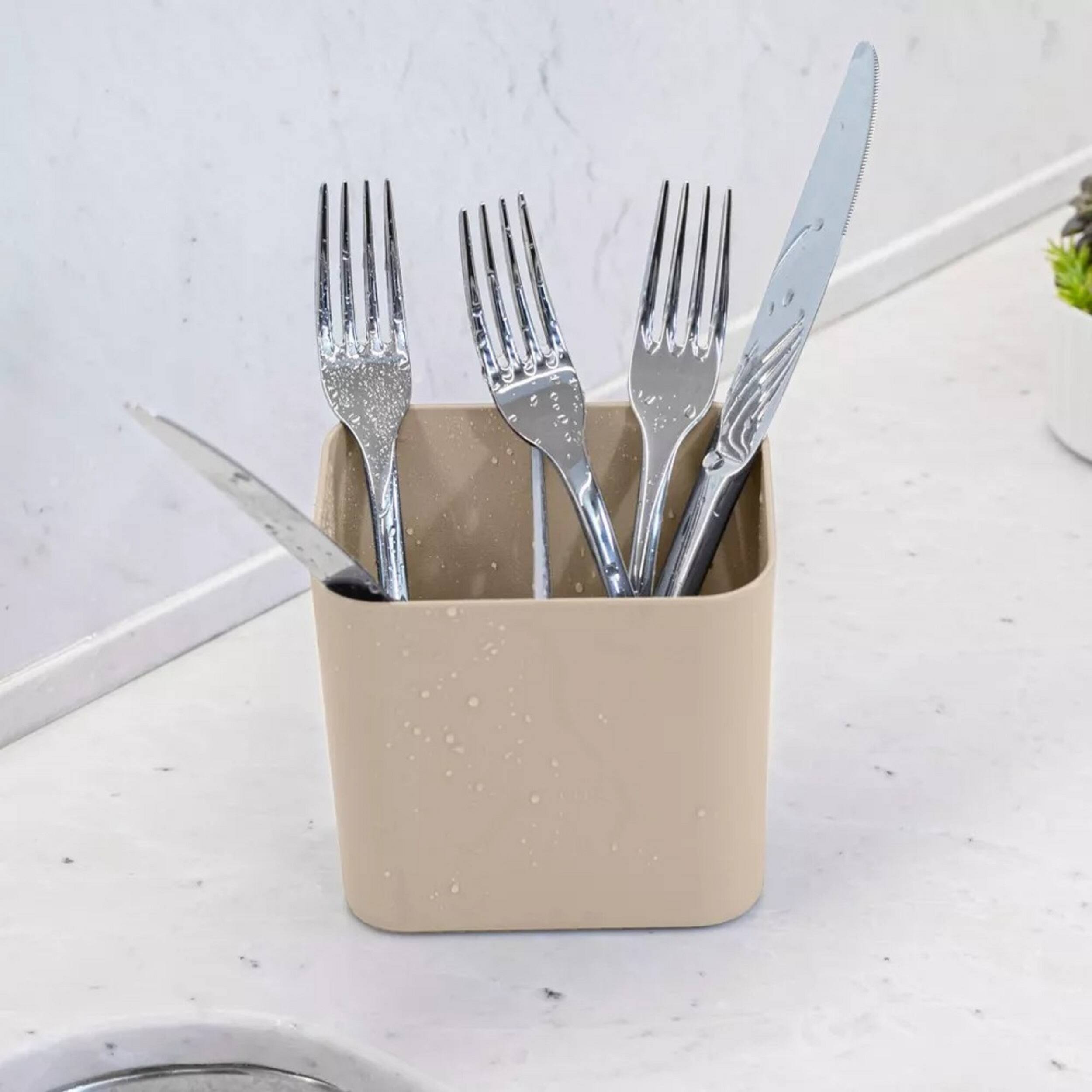 Left. OU - OU Utensil Holder with Removable Divider, Nonslip Cutlery Drainer with Built In Reservoir - Beige - Beige.