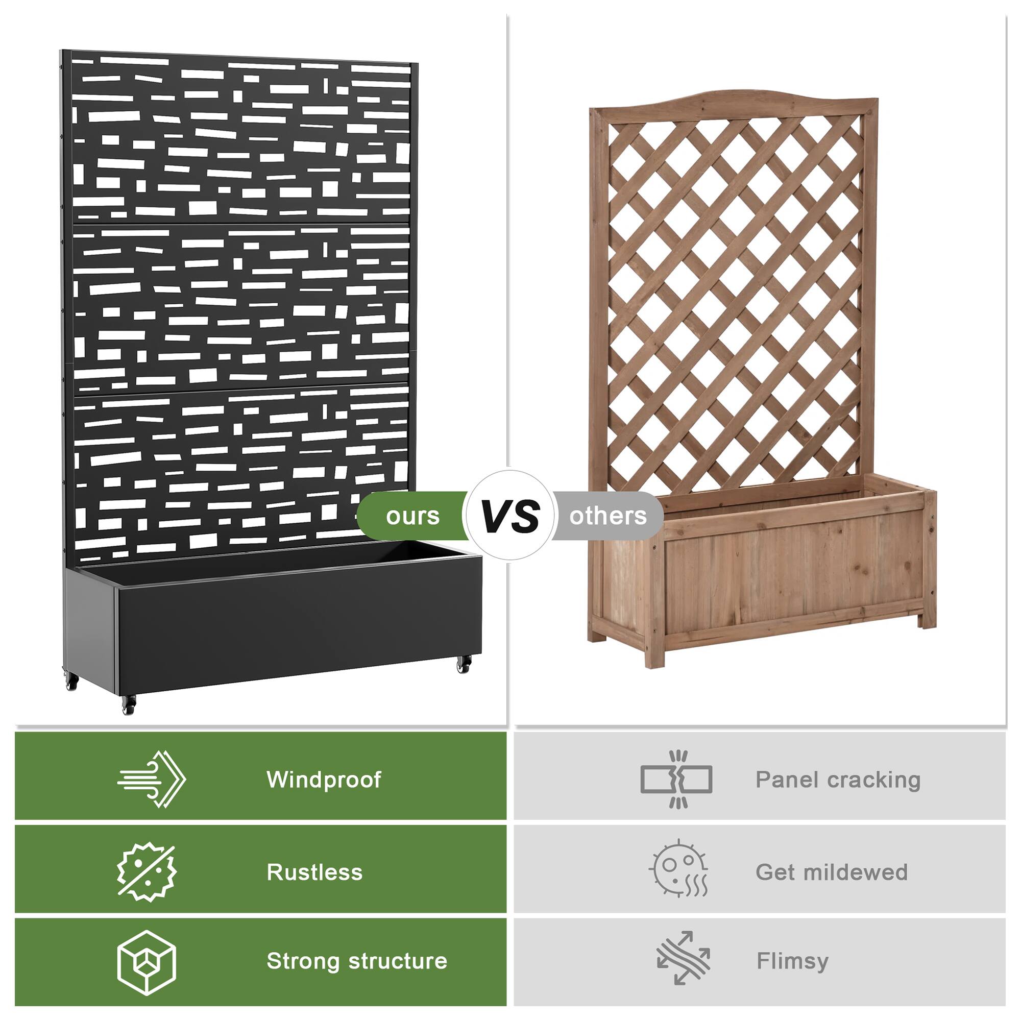 ours vs others

- Windproof
- Rustless
- Strong structure

others

- Panel cracking
- Get mildewed
- Flimsy
