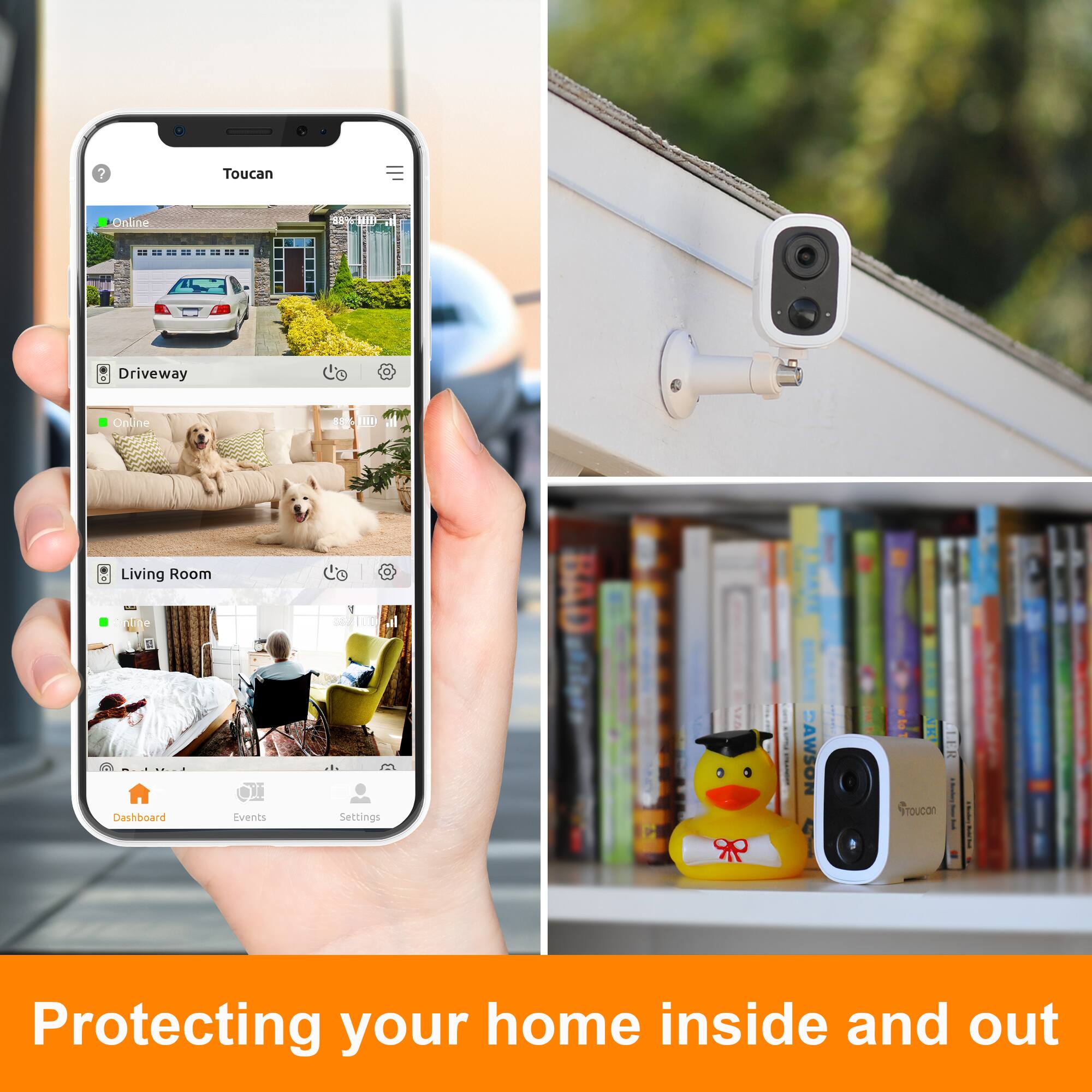 Toucan Online Driveway, Online 2, RD 1, Living Room, Dashboard, Events, Settings. BAD I AWSON TER Sroucan | Protecting your home inside and out.