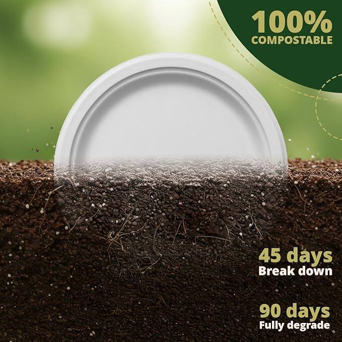 100% COMPOSTABLE  
45 days Break down  
90 days Fully degrade