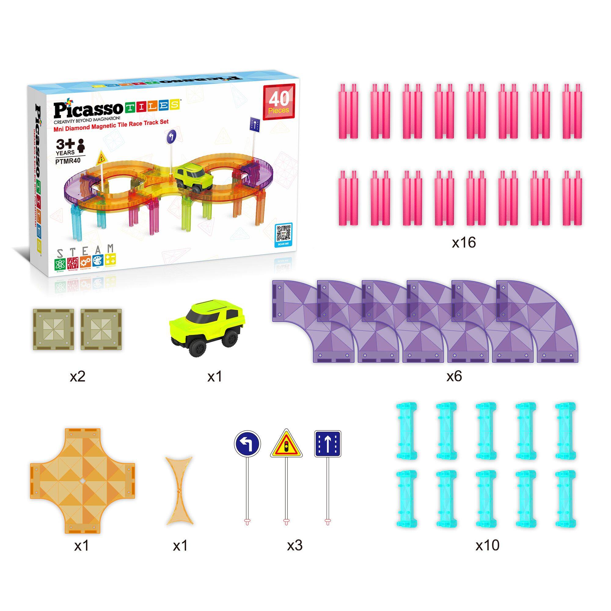 O E S 40 Picasso T I Pieces CREATIVITY BEYOND IMAGINATION Set Tile Race Track 1 Mini Diamond Magnetic Picasso 3+ YEARS PTMR40 STEAM S T E A M  : . B -- x16 x2 x1 x6 x1 x1 x3 x10