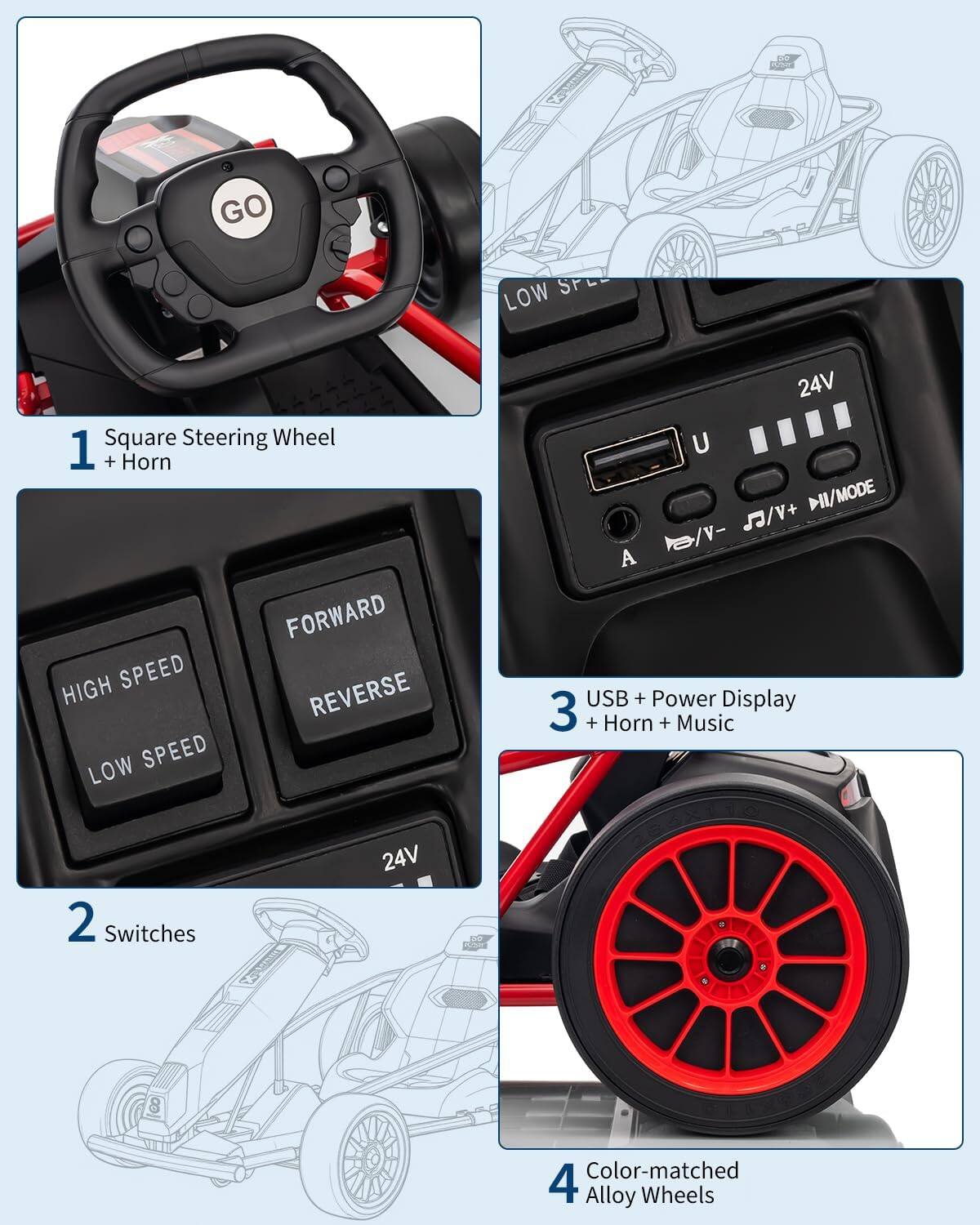 1. Square Steering Wheel + Horn  
2. Switches (High Speed, Low Speed, Forward, Reverse)  
3. USB + Power Display + Horn + Music  
4. Color-matched Alloy Wheels