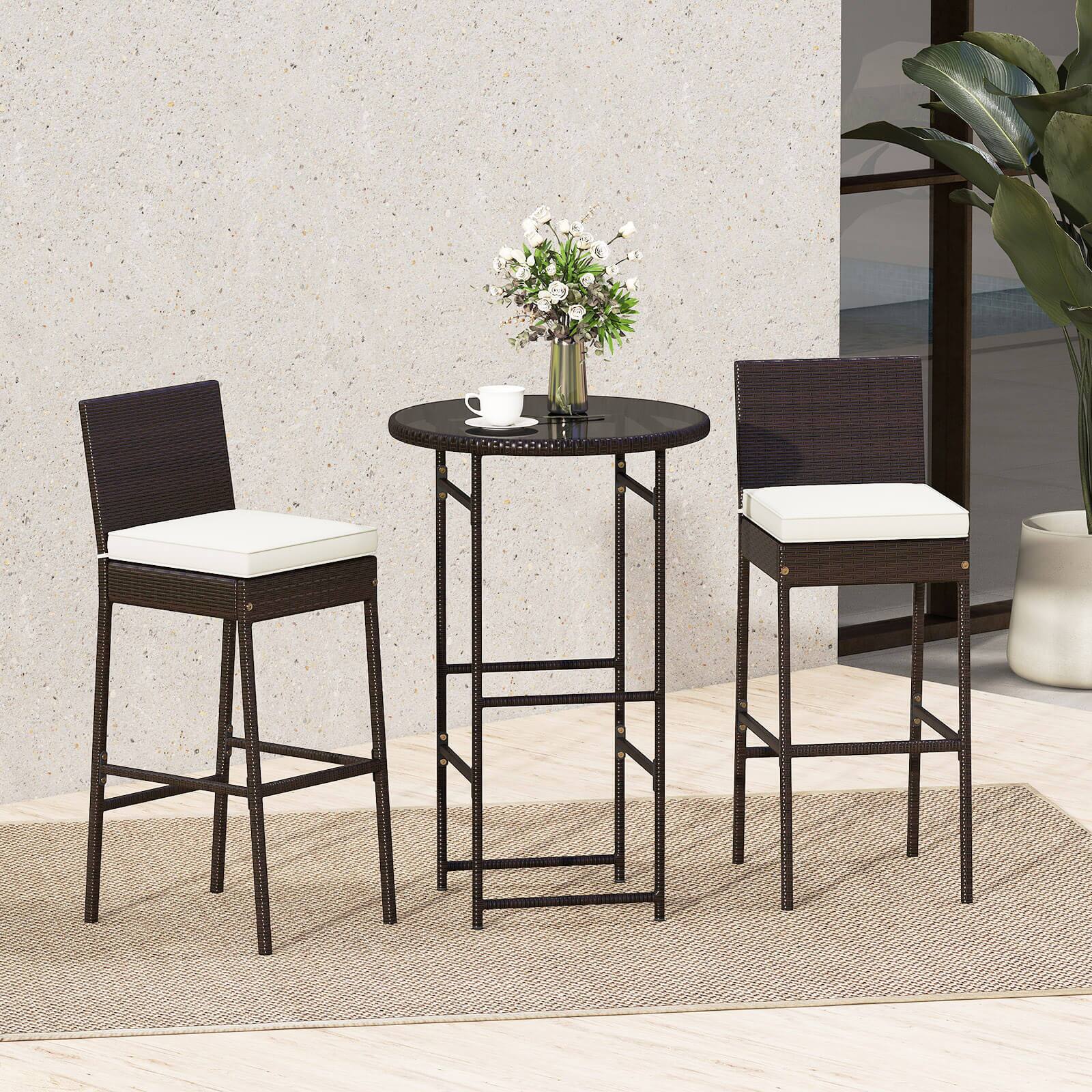 Alt View 1. Costway - Costway 3 Piece Outdoor Bar Set Patio Rattan Bar Height Table & Chairs with  Glass Tabletop - Mix Brown,Off White.
