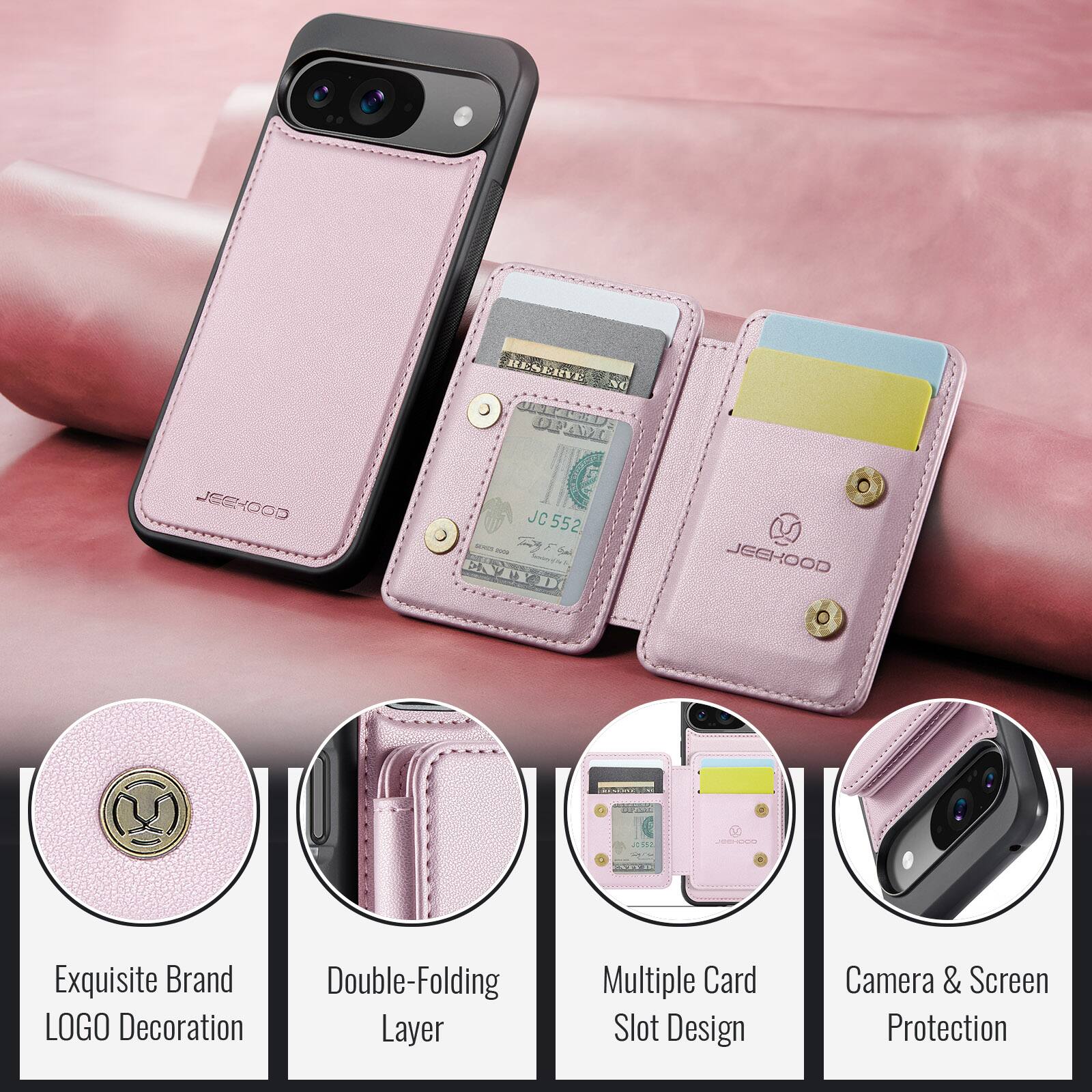 JEEHOOD Exquisite Brand Double-Folding LOGO Decoration Layer Multiple Card Slot Design Camera & Screen Protection