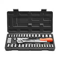 Front. VEVOR - Socket Set, 39 Pieces, 3/8 & 1/4 inch Drive Socket and Ratchet Set, SAE and Metric Size, Mechanic Tool Kit with Wrench - Black+Sliver.