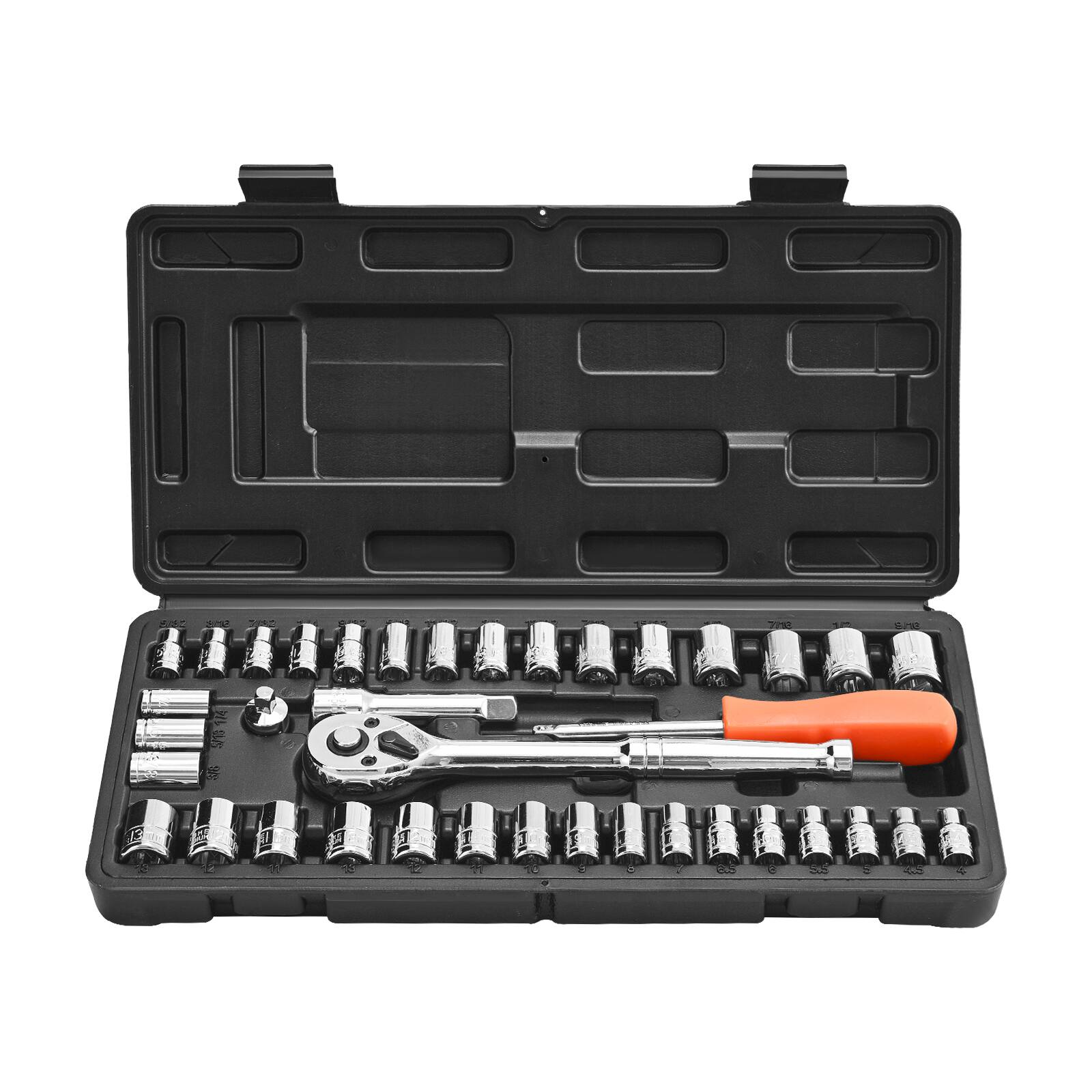 VEVOR - Socket Set, 39 Pieces, 3/8 & 1/4 inch Drive Socket and Ratchet Set, SAE and Metric Size, Mechanic Tool Kit with Wrench - Black+Sliver