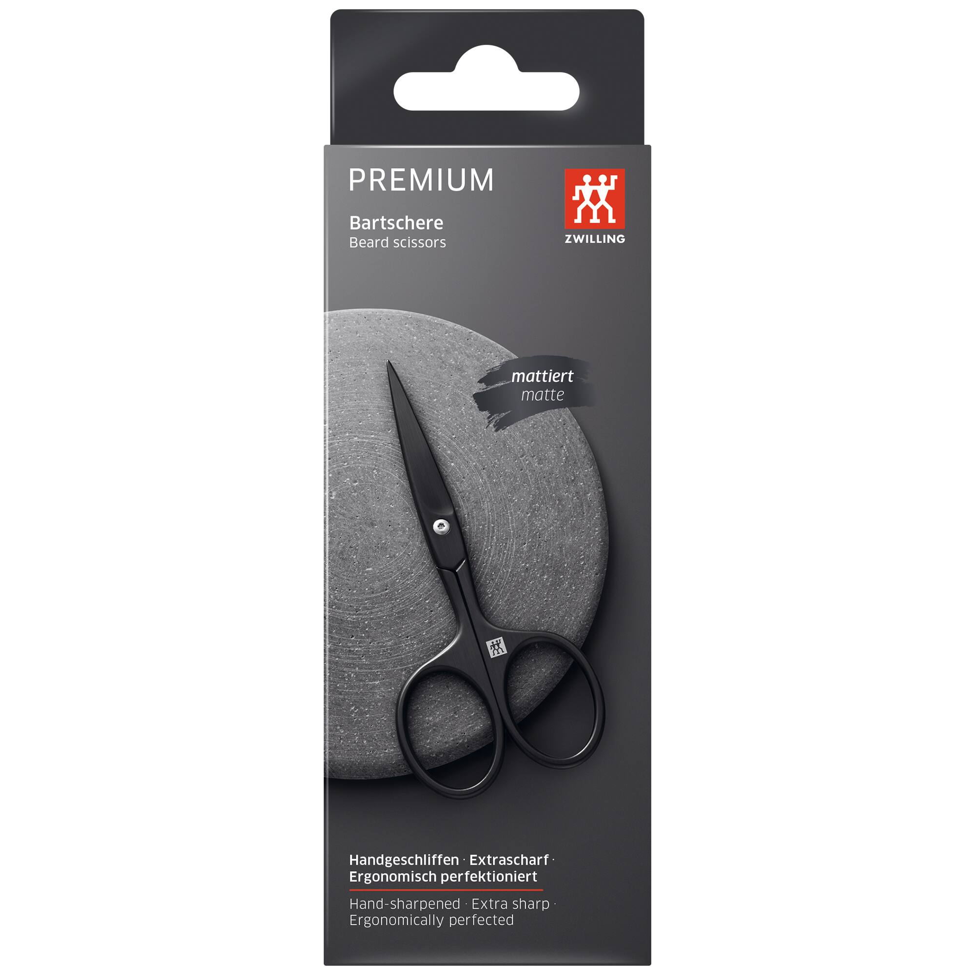 PREMIUM Bartschere Beard scissors ZWILLING mattiert matte  
Handgeschliffen Extrascharf Ergonomisch perfektioniert  
Hand-sharpened Extra sharp Ergonomically perfected